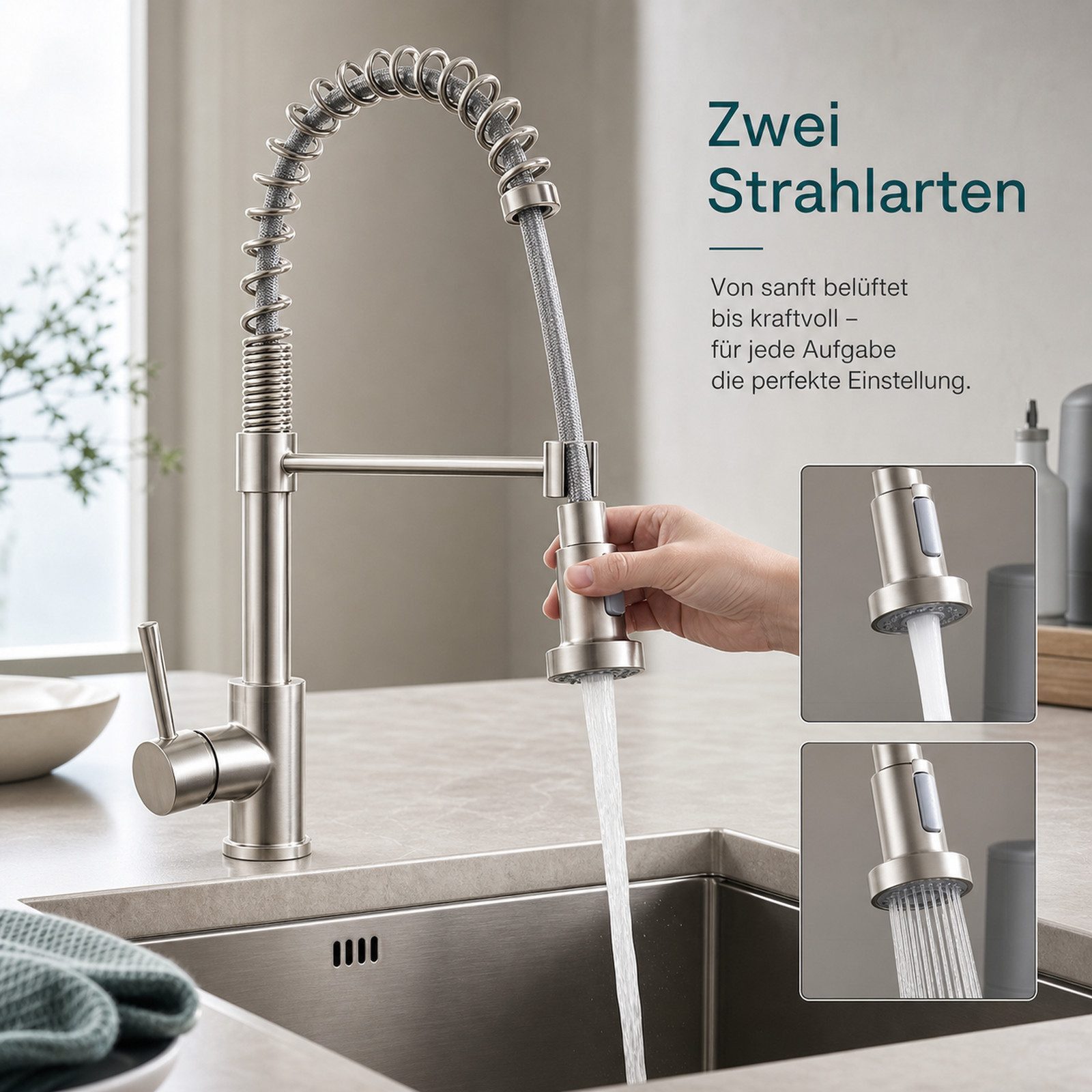 Ledklang Spültischarmatur Edelstahl 360° drehbar Ausziehbarer Brause 2 Strahlarten Küchenarmatur (1-St) für Einhebelmischer Mischbatterie Wasserhahn Küche – Bild 2 von 5