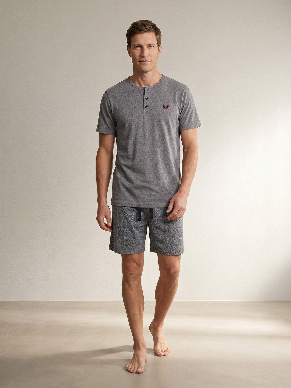 Henry Terre Shorty Robin Dreieck Print Pyjama Set Kurz - Shorts kleine Knopfleiste