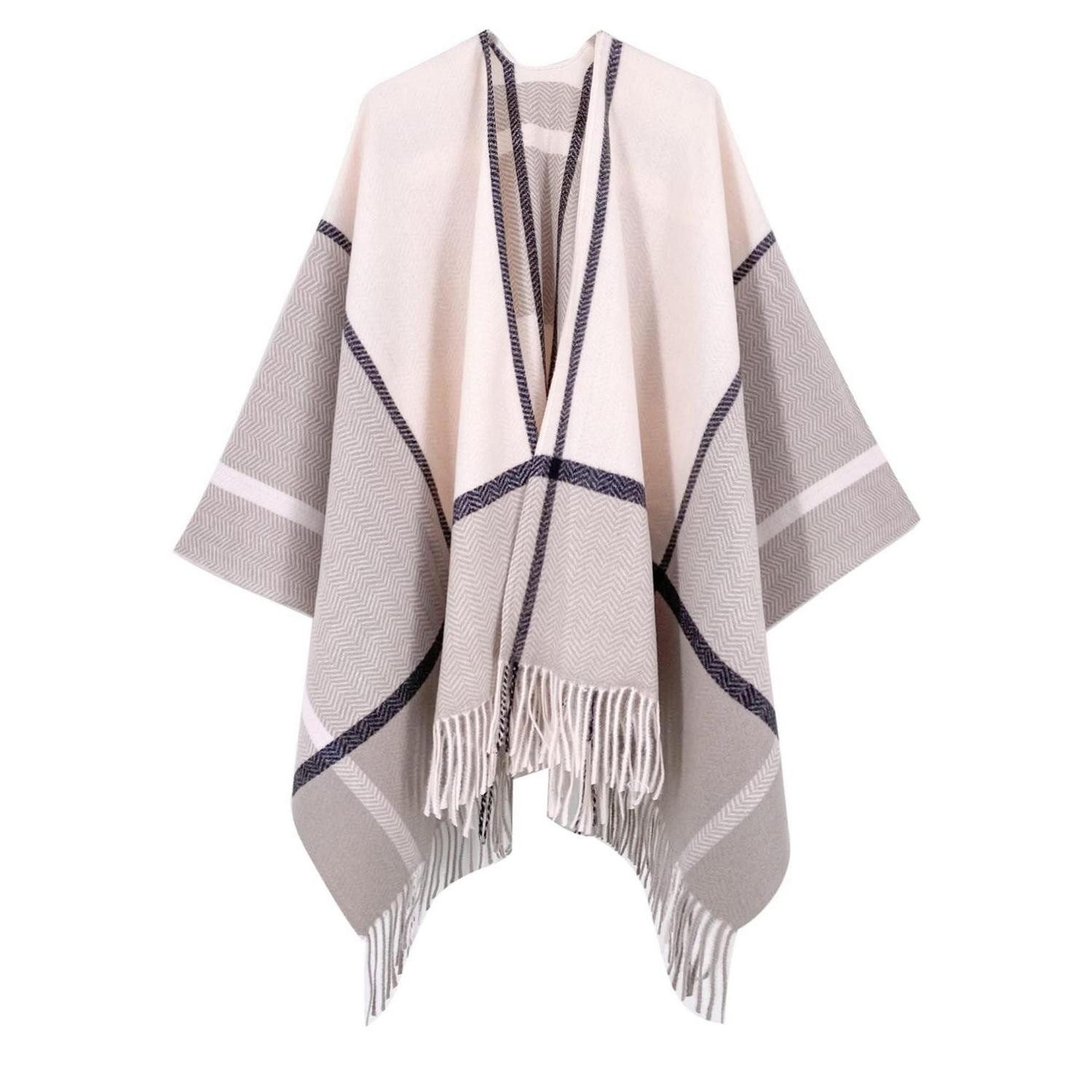LuxusKollektion Strickschal Strick Poncho Cape mit Fransen Pfirsich Tan, (1-St)