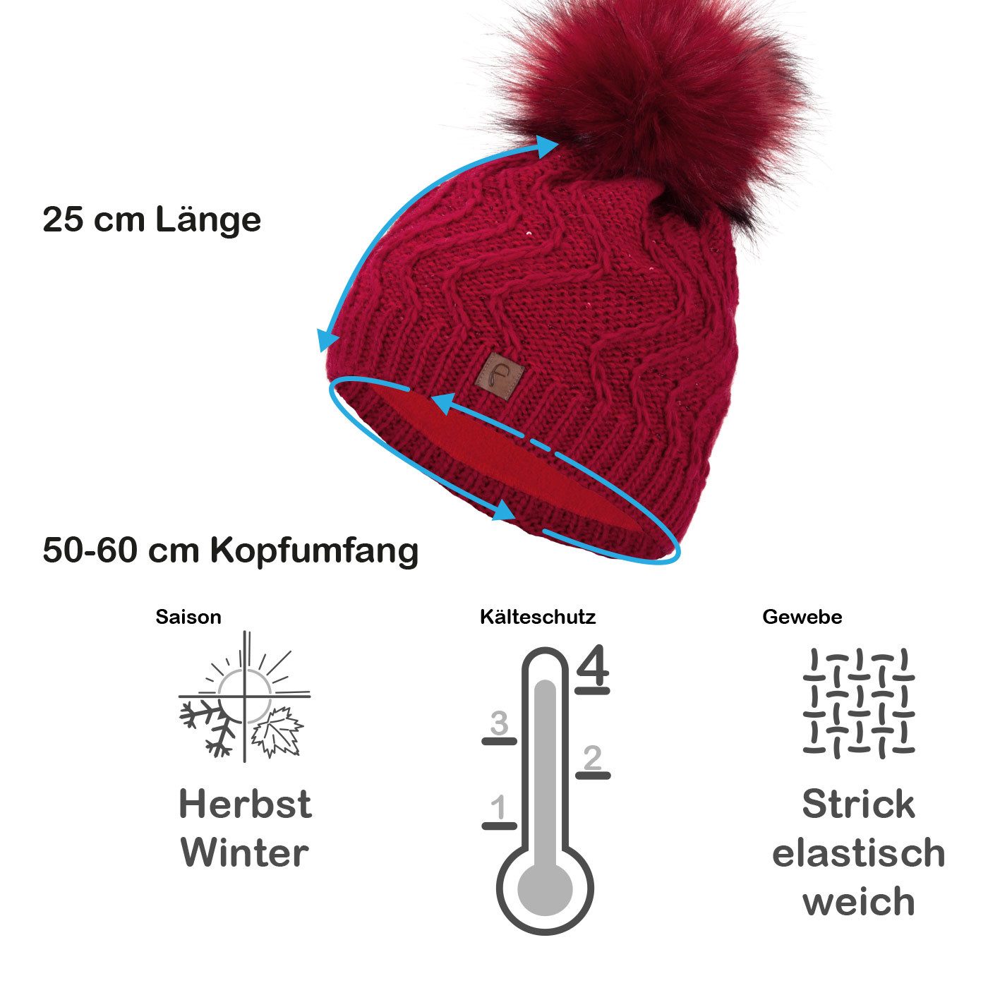Faera Bommelmütze Wintermütze Damen Herren Mütze Beanie Haube gefüttert Bommelmütze