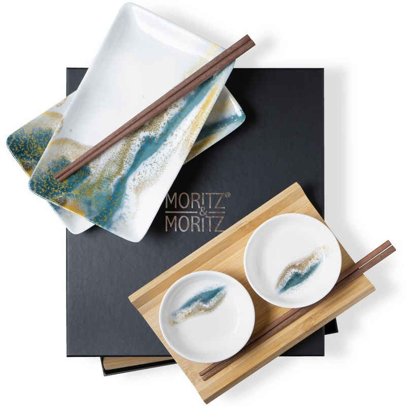 Moritz & Moritz Tafelservice Moritz & Moritz Gourmet - Sushi Set 10 teilig Marmor grün / Gold (8-tlg), 2 Personen, Geschirrset für 2 Personen