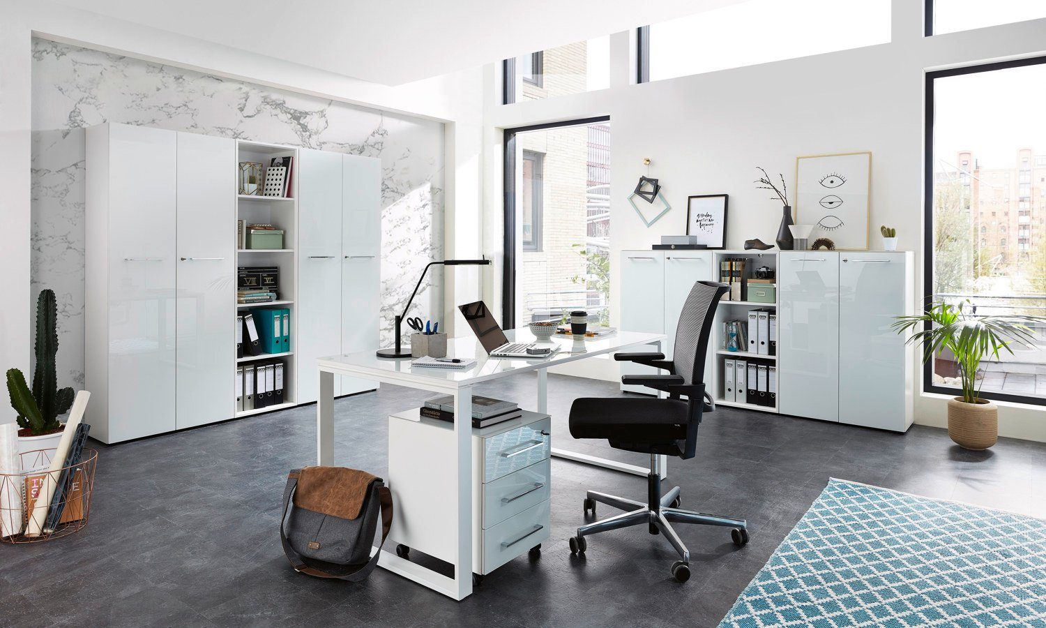 moebel-dich-auf Aktenschrank MONTERREY (Set 1 Büromöbel-Set Arbeitszimmer) abschließbar, Oberboden und Front aus Glas weiß