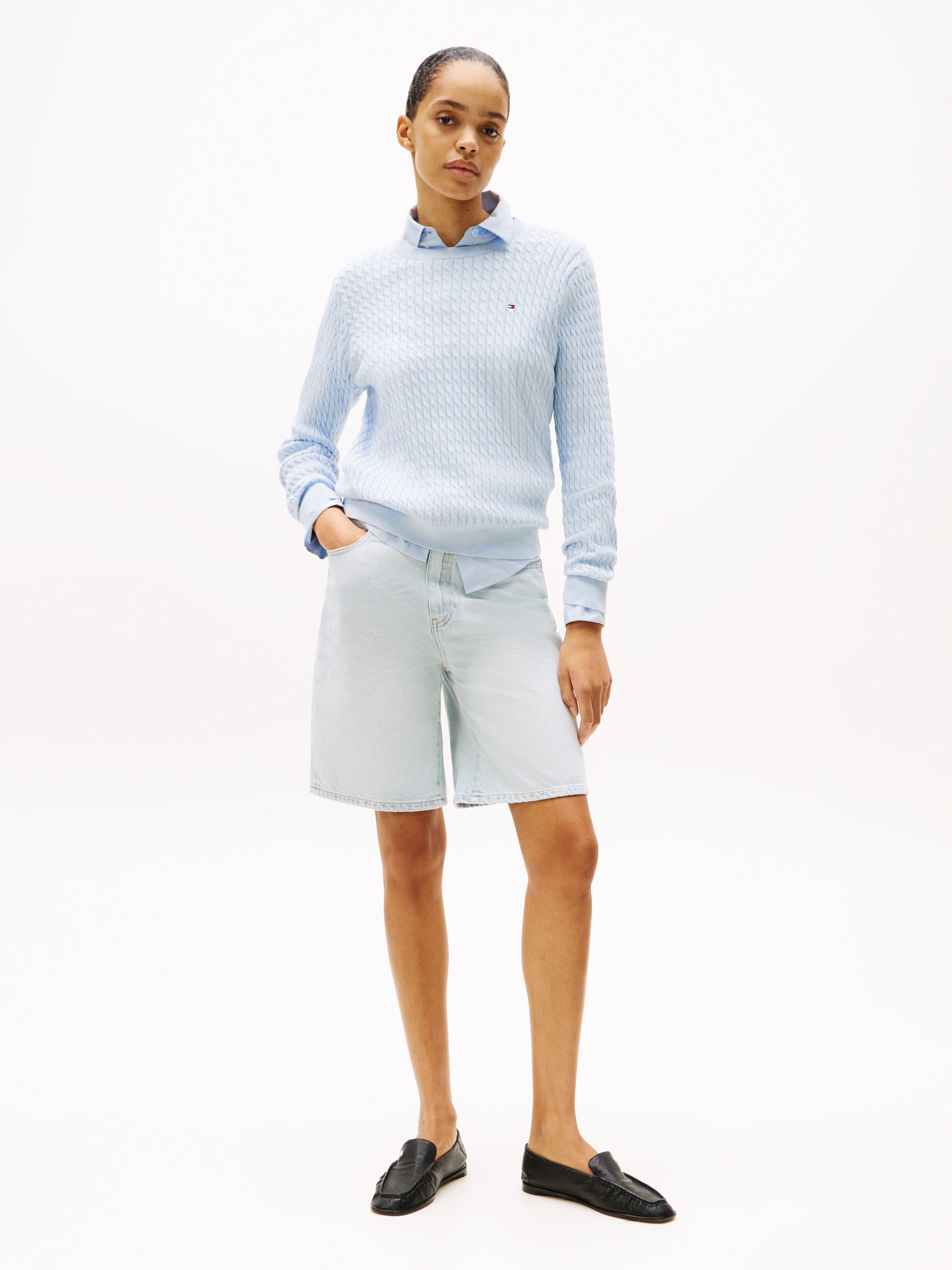 Tommy Hilfiger Rundhalspullover CO CABLE C-NK LS SWEATER Baumwolle, mit Zopfmuster, Regular Fit