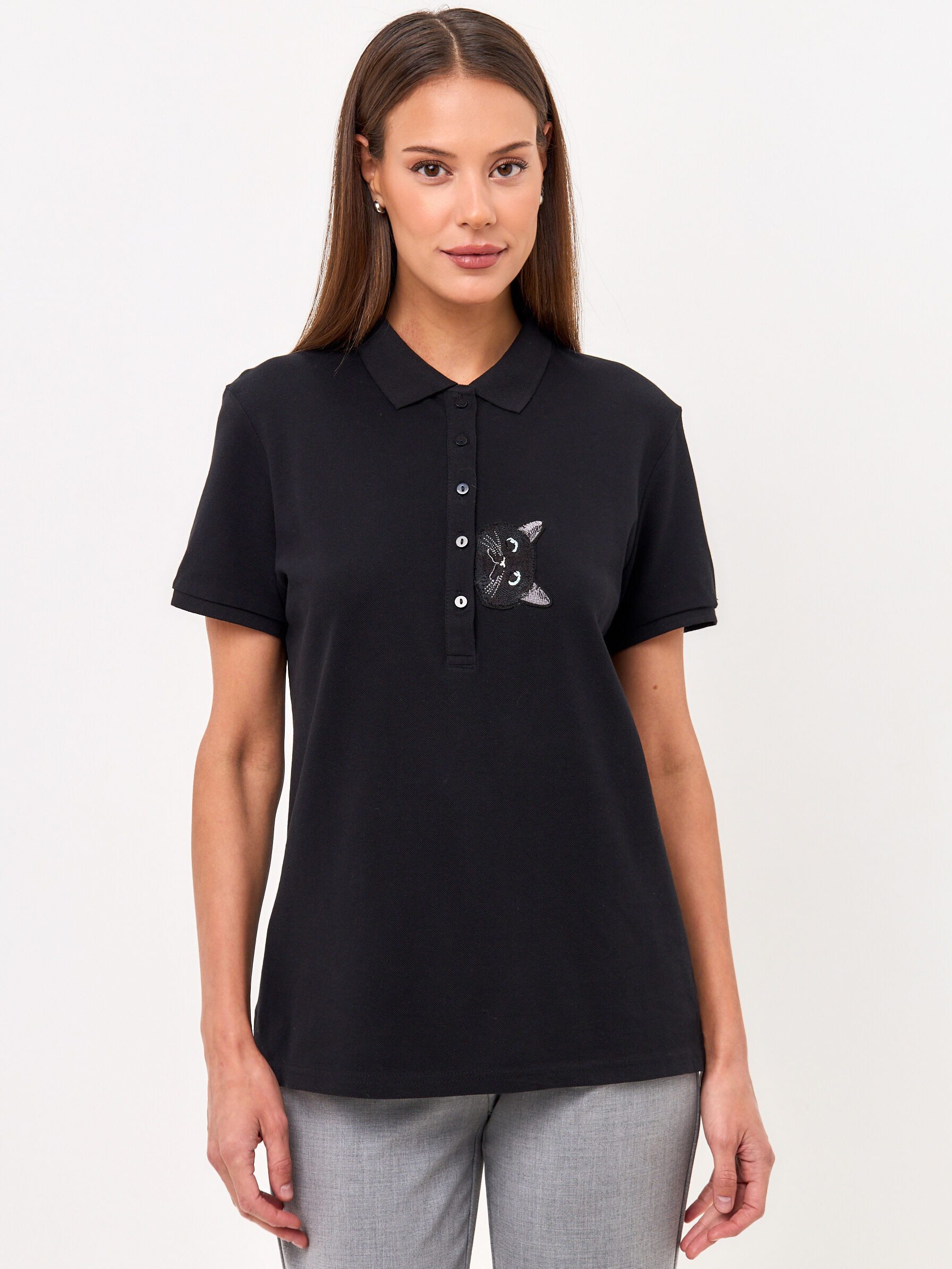 CAT by maniita lacitta Poloshirt Polo-Shirt mit Katzenkopf-Stickerei (1-tlg) figurbetont