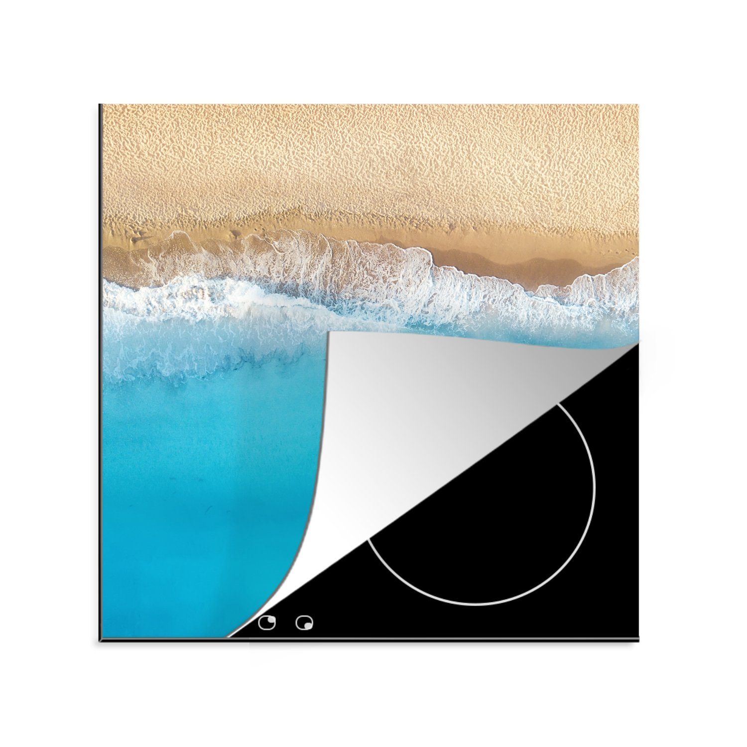 MuchoWow Herdblende-/Abdeckplatte Induktionsschutz für (1 Arbeitsplatte Vinyl, Blau, - 78x78 Strand tlg), küche Ceranfeldabdeckung, - cm, - Wasser