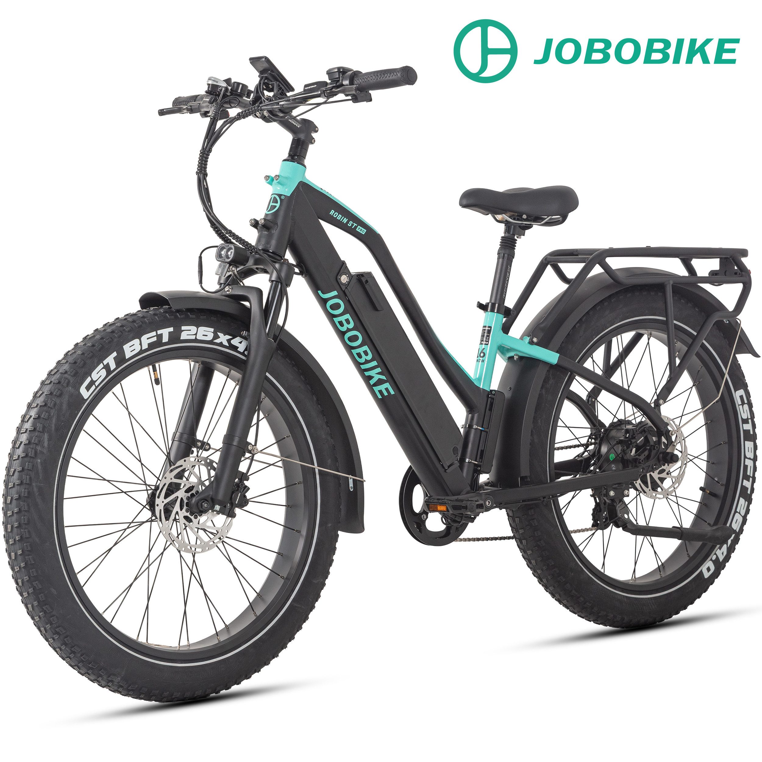 JOBOBIKE E-Bike Mountainbike 26x4 Zoll, bis zu 180km, mit Bremslicht- und Blinker, Fatbike, MTB, 7 Gang Shimano, Kettenschaltung, Heckmotor, 840 Wh, (LCD-Farbdisplay, für Asphalt, Schotter und Gelände, Aluminiumrahmen), 5 Stufen, Gefederte Sattelstütze, Elektrofahrrad für Damen und Herren