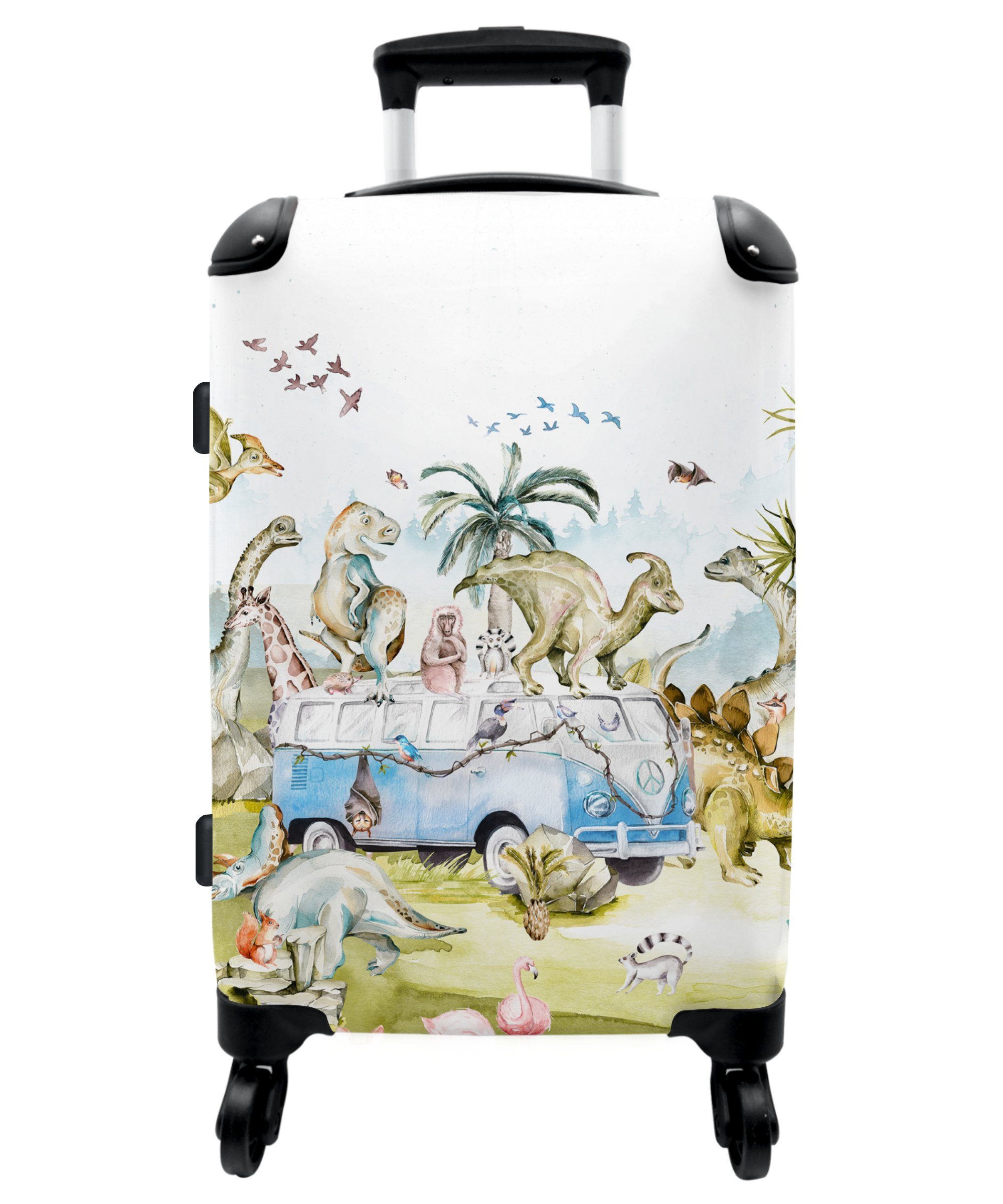 NoBoringSuitcases.com© Koffer 67x43x25cm Dino - Tiere - Natur - Kinder - Aquarell - Bus, 4 Rollen, Handgepäck Kinder Trolley Rollkoffer Kleine Reisekoffer mit 4 Rollen -