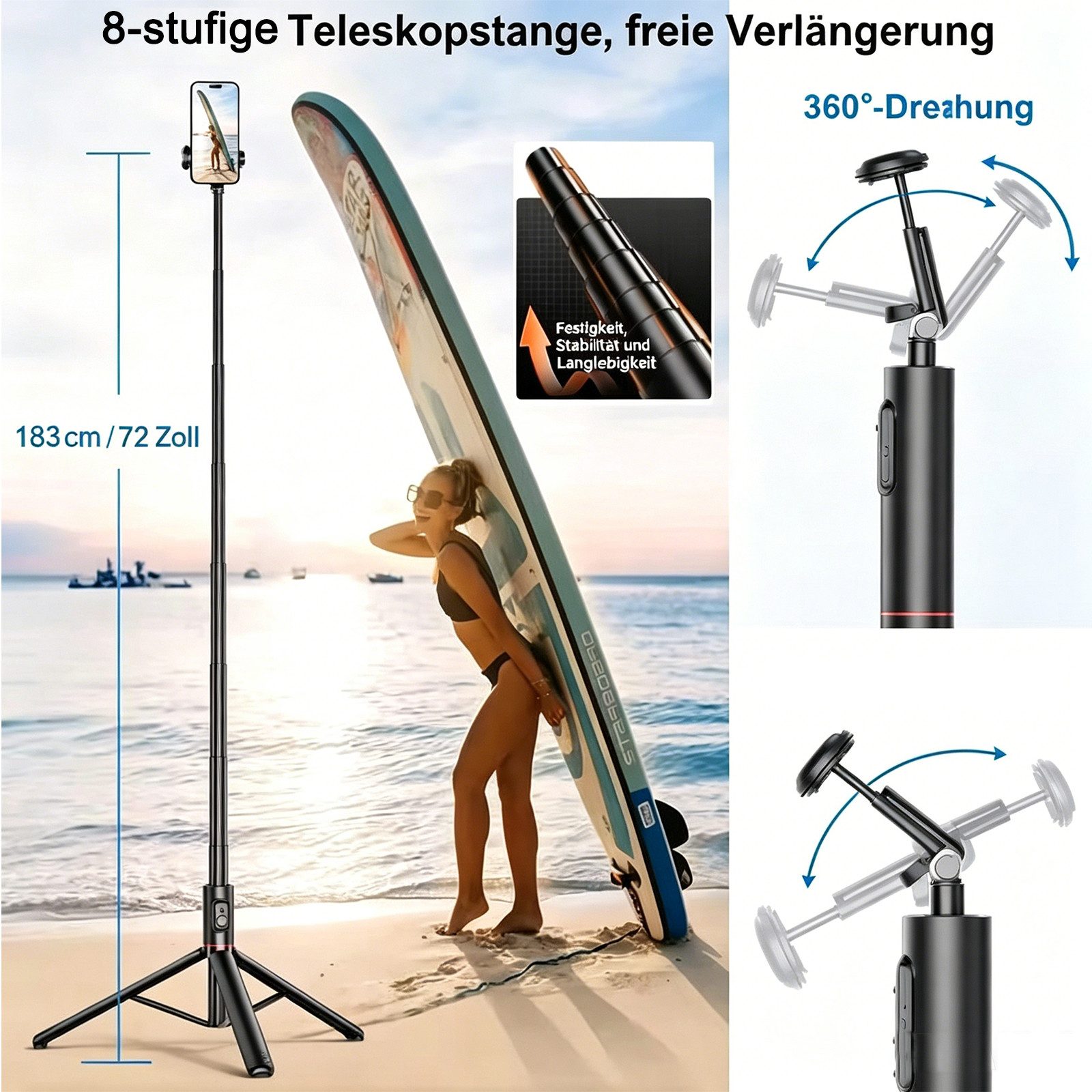 MOPUEA Selfie Stick Bluetooth Selfie Stick Stativkopf Bluetooth-Fernbedienung Selfiestick (360 Grad einstellbar Weitwinkel konvex stabil einfach Montage)