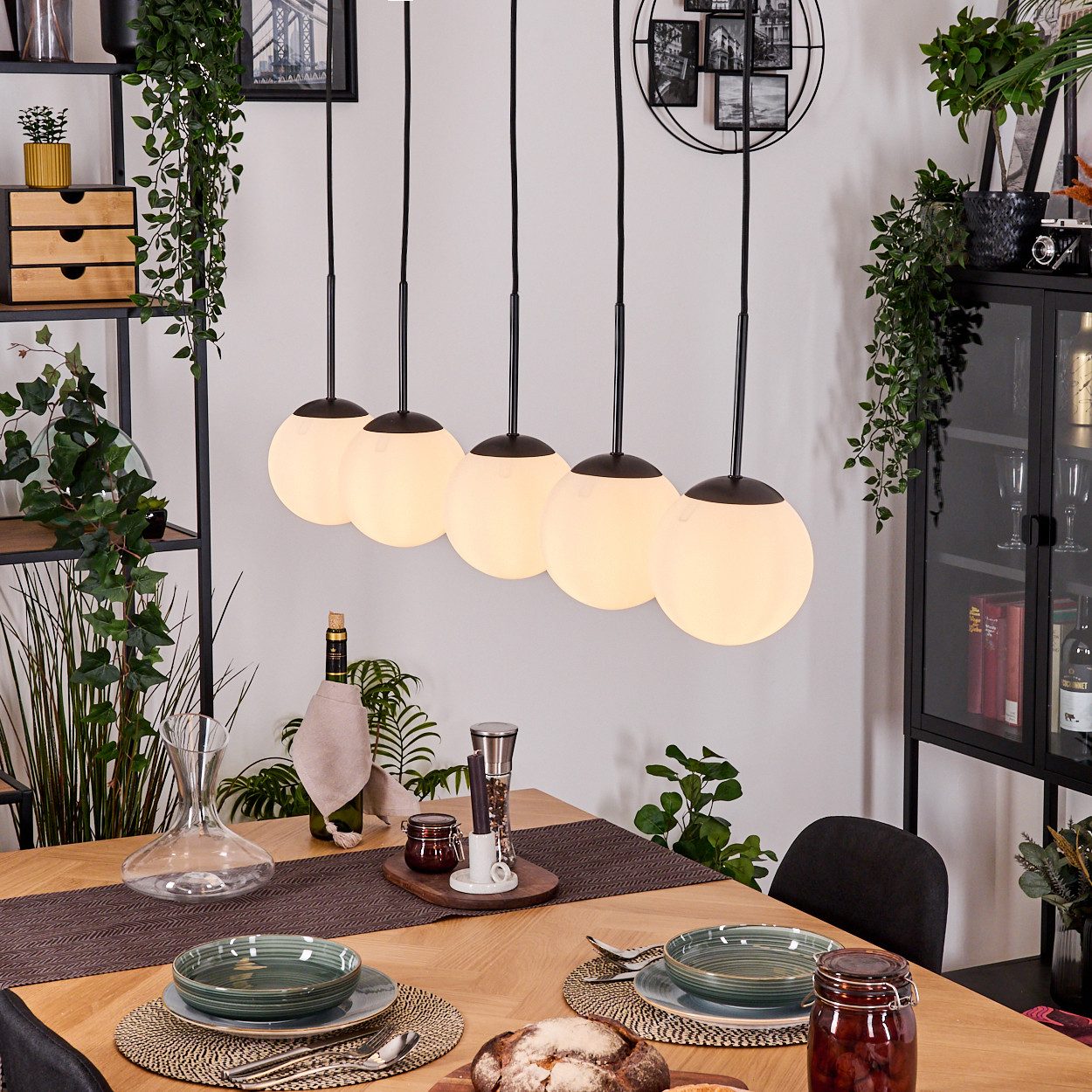 hofstein Hängeleuchte Hängelampe aus Metall/Milchglas in Schwarz/Weiß, ohne Leuchtmittel, moderne Pendelleuchte im Retro/Vintage-Design, 5 x E14