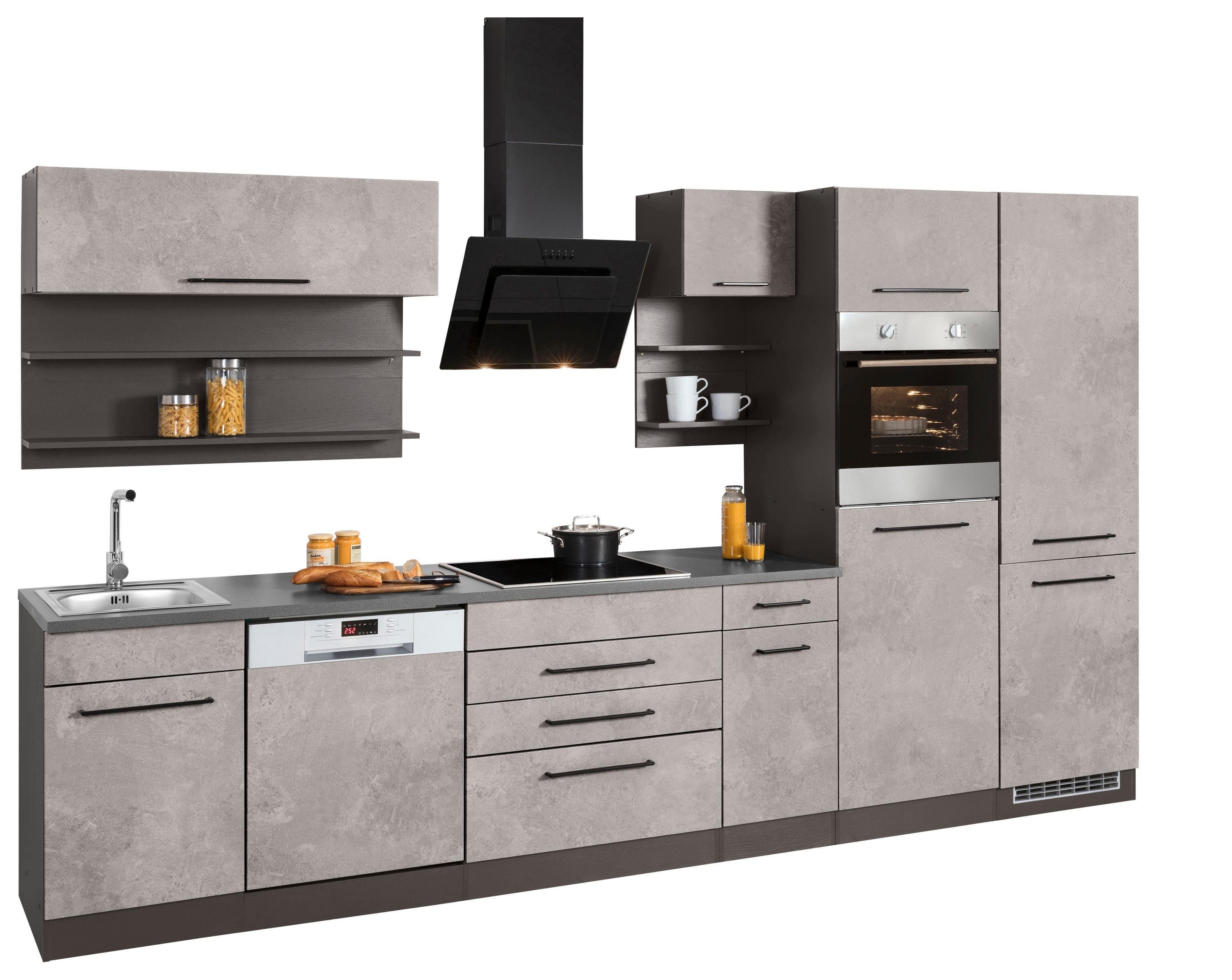 KOCHSTATION Küchenzeile KS-Tulsa, mit E-Geräten, Breite 350 cm, schwarze Metallgriffe, MDF Fronten