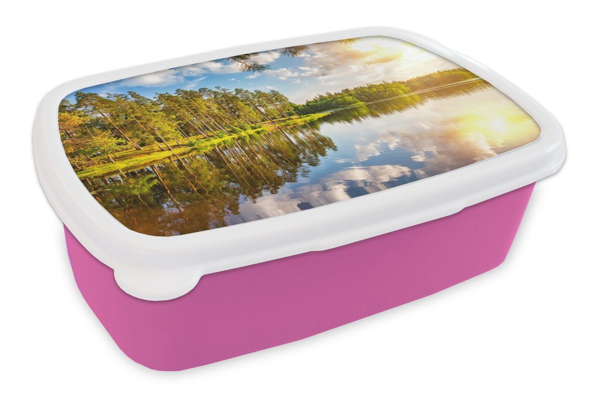 MuchoWow Lunchbox Wasser - Bäume - Natur, Kunststoff, (2-tlg), Brotbox für Erwachsene, Brotdose Kinder, Snackbox, Mädchen, Kunststoff rosa