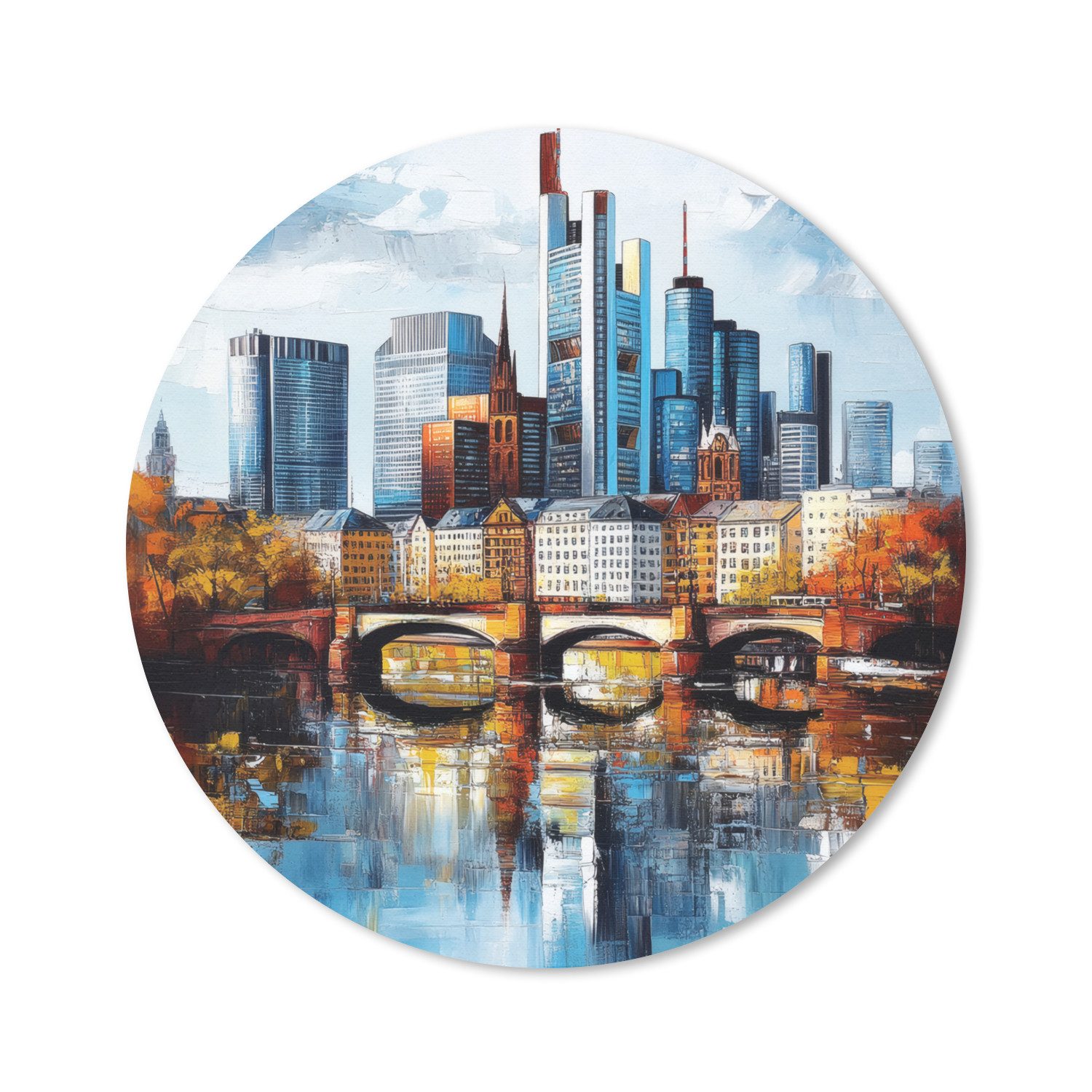 MuchoWow Mauspad Bäume Frankfurt - Stadt - Skyline - Brücke (1-St), Büro für Tastatur und Maus, Mousepad Gaming, Rund 20x20 cm