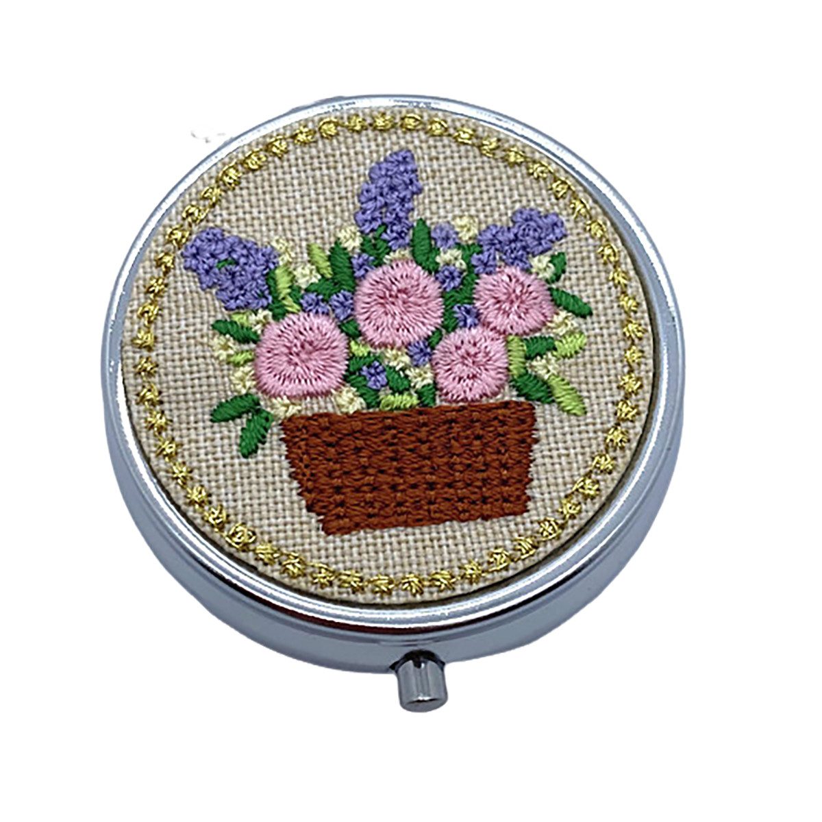 The Beauty House Pillendose Pillendose mit Spiegel und gestrickten Blumen Medikamentenbox Dose, Kleine Tablettendose für Unterwegs, Reise-Pillenspender Tablettenbox