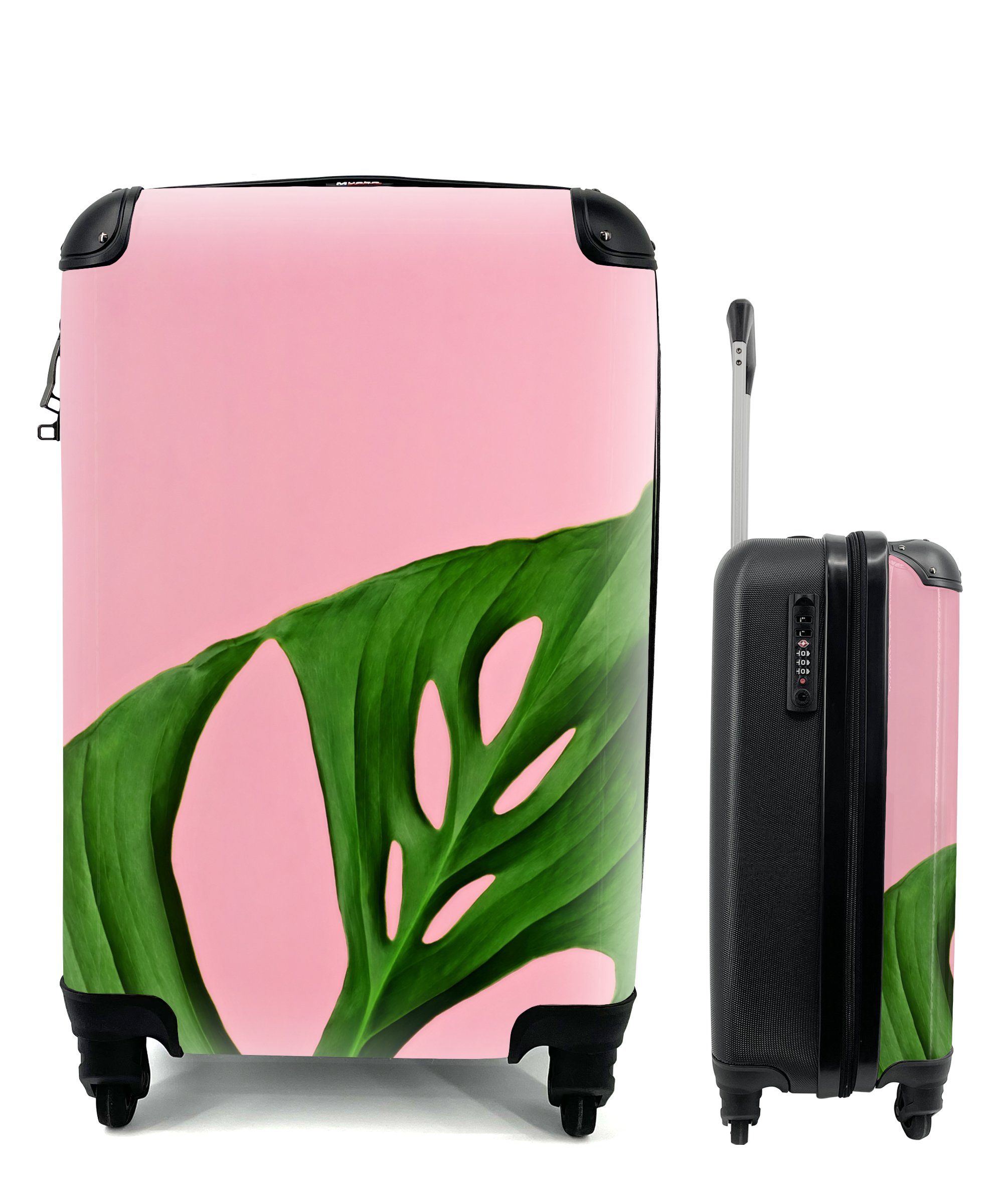 MuchoWow Handgepäckkoffer Botanisches Blatt auf rosa Hintergrund, 4 Rollen, Reisetasche mit rollen, Handgepäck für Ferien, Trolley, Reisekoffer