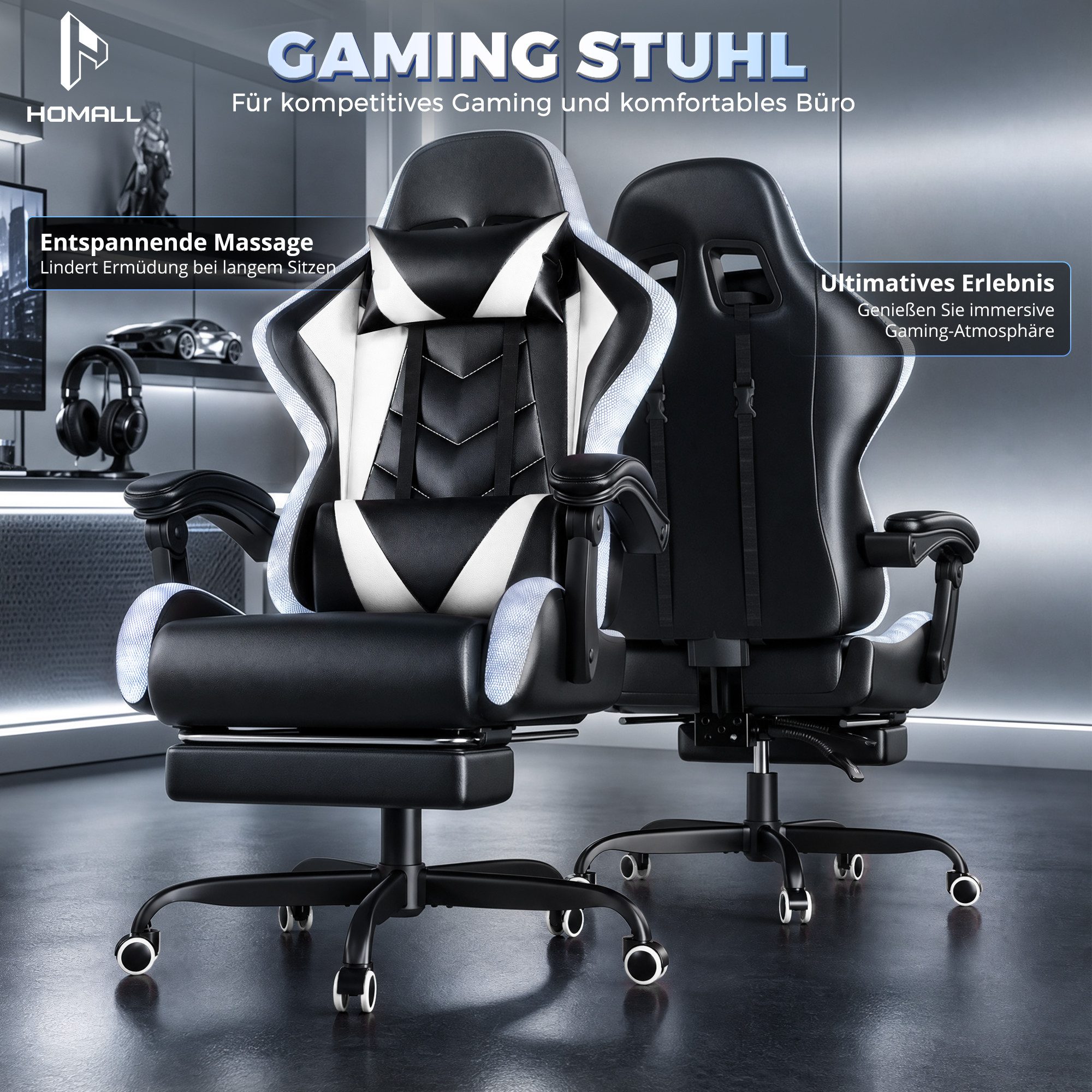 HOMALL Gaming-Stuhl mit LED,Ergonomisch,Fußstütze,computerstuhl,gaming stuhl mit massage (Die LED-Beleuchtung ist einstellbar, das Massagekissen für den Rücken ist beweglich), Ergonomischer Bürostuhl,Kopfstütze und Lendenstütze