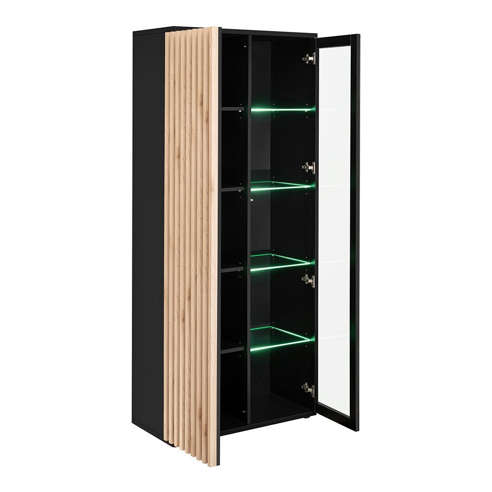 Lomadox Vitrine CATANZARO-164 Vitrinenschrank in schwarz mit Lamellen in Eiche, inkl. Beleuchtung