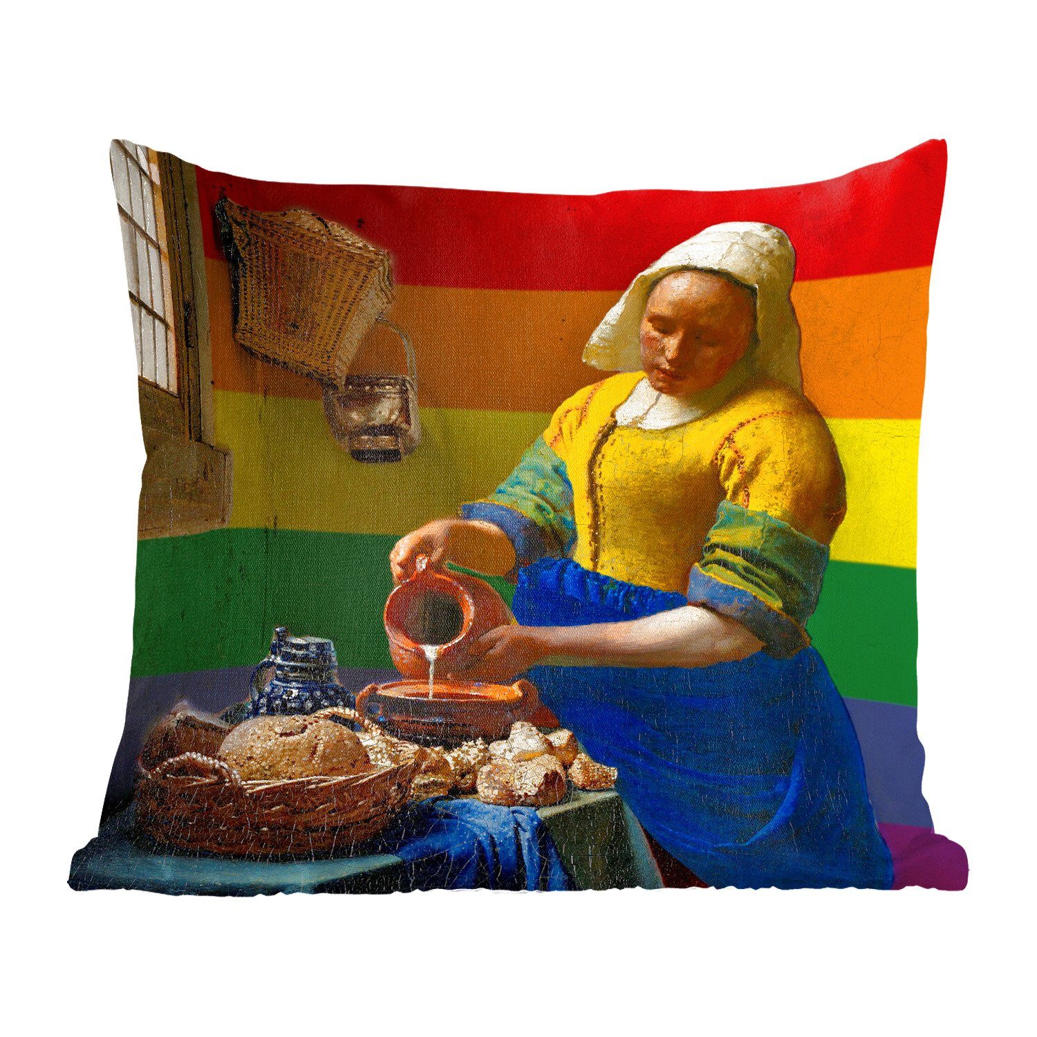MuchoWow Dekokissen Milchmädchen - Vermeer - Flagge des Stolzes, Zierkissen mit Füllung für Wohzimmer, Schlafzimmer, Deko, Sofakissen