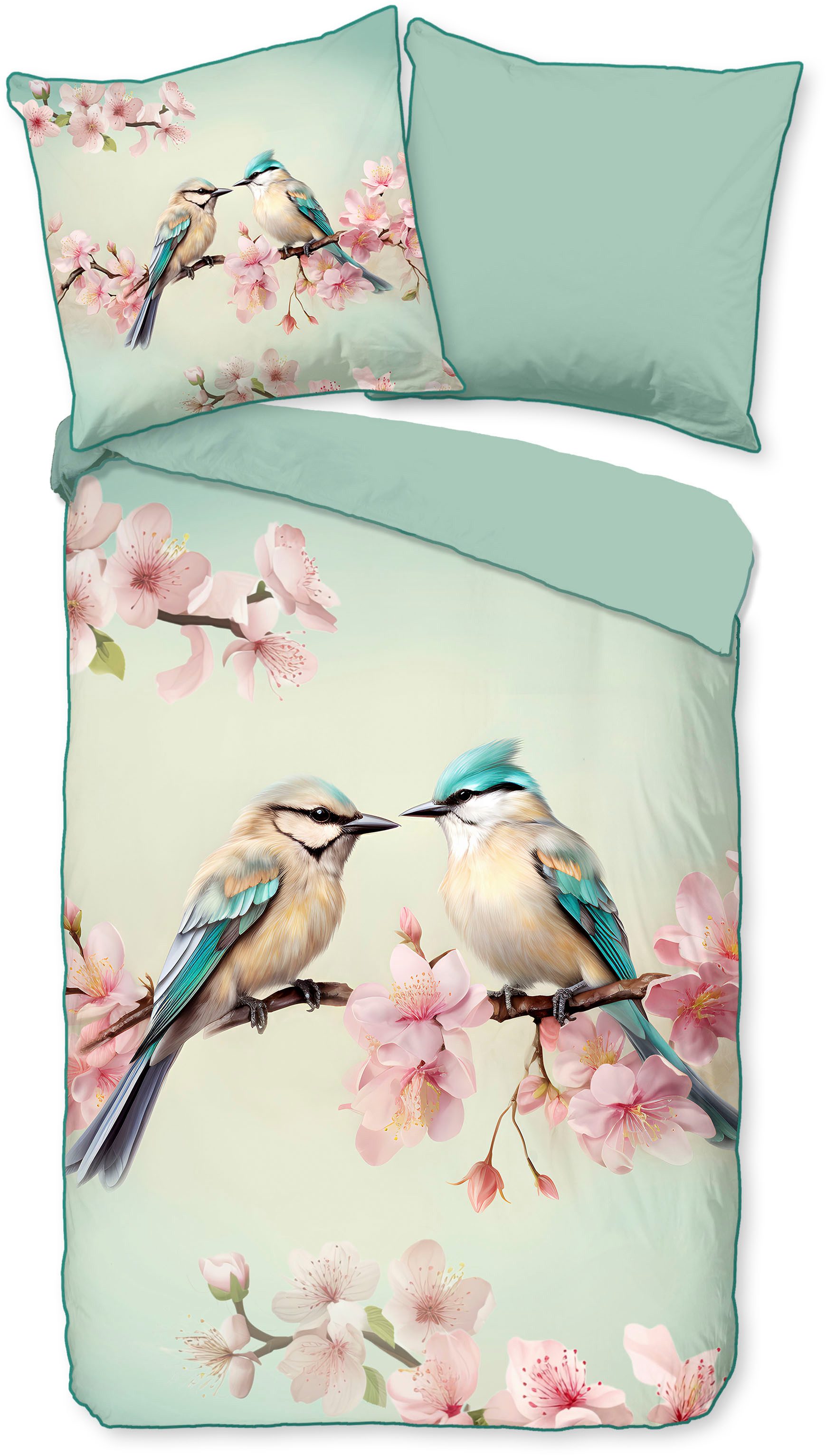 Descanso Wendebettwäsche Minne, Mako-Satin, Renforcé, Satin, 2 teilig, Satin, Reißverschluss, Paspel, Biese, Wendeoptik, Luxe, Vogel, Mint