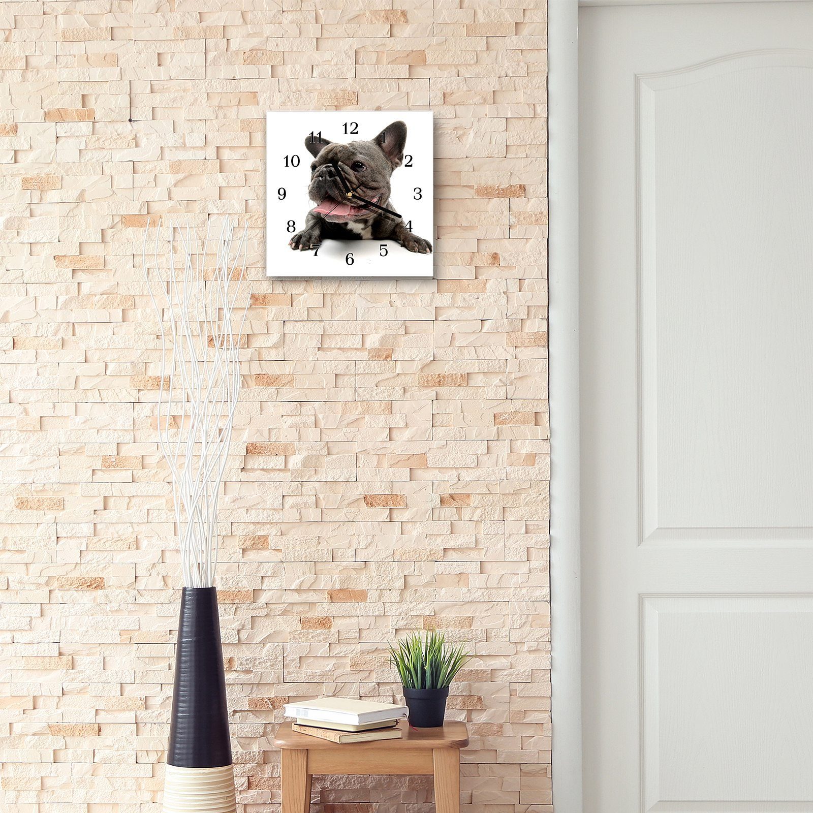 Primedeco Wanduhr Glasuhr Wanduhr Bulldogge Größe französisch mit Motiv 30 30 cm Wandkunst x