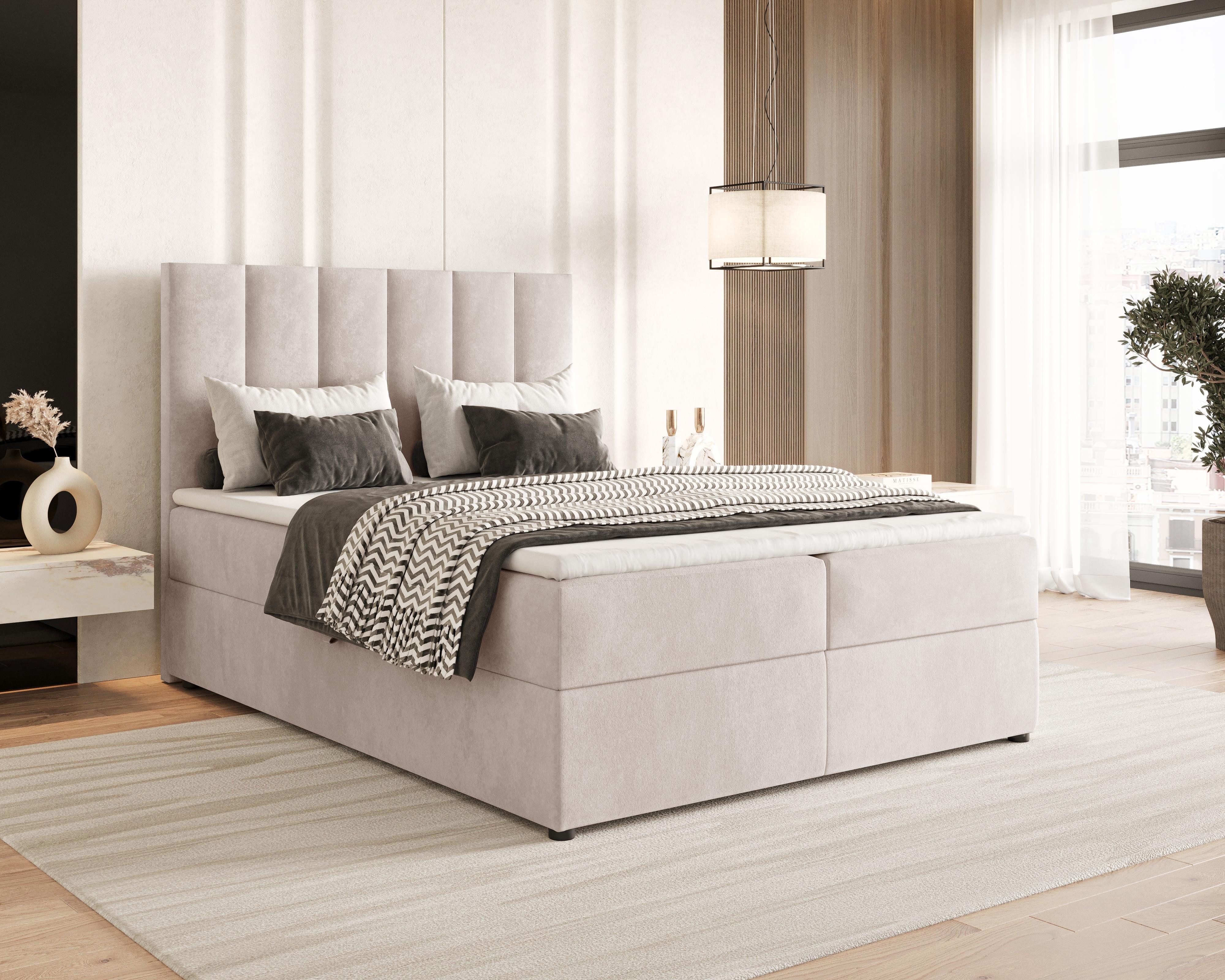 Chilly Möbel Boxspringbett Doppelbett mit Matratze H2/H3 Topper & Hubfunktion (Komplett in vielen Farben Holzrahmen, 1-St., 140x200 160x200 180x200 200x200cm), gepolstertem Kopfteil Stauraum modern