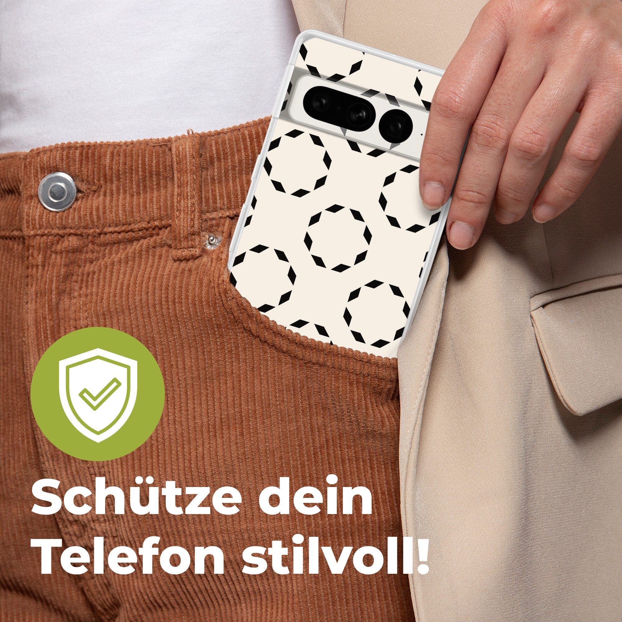 MuchoWow Handyhülle für Google Pixel 7 Pro Kreise - Muster - Schwarz - Beige - Abstrakt, Phone Case, Silikon, Schutzhülle Dünn