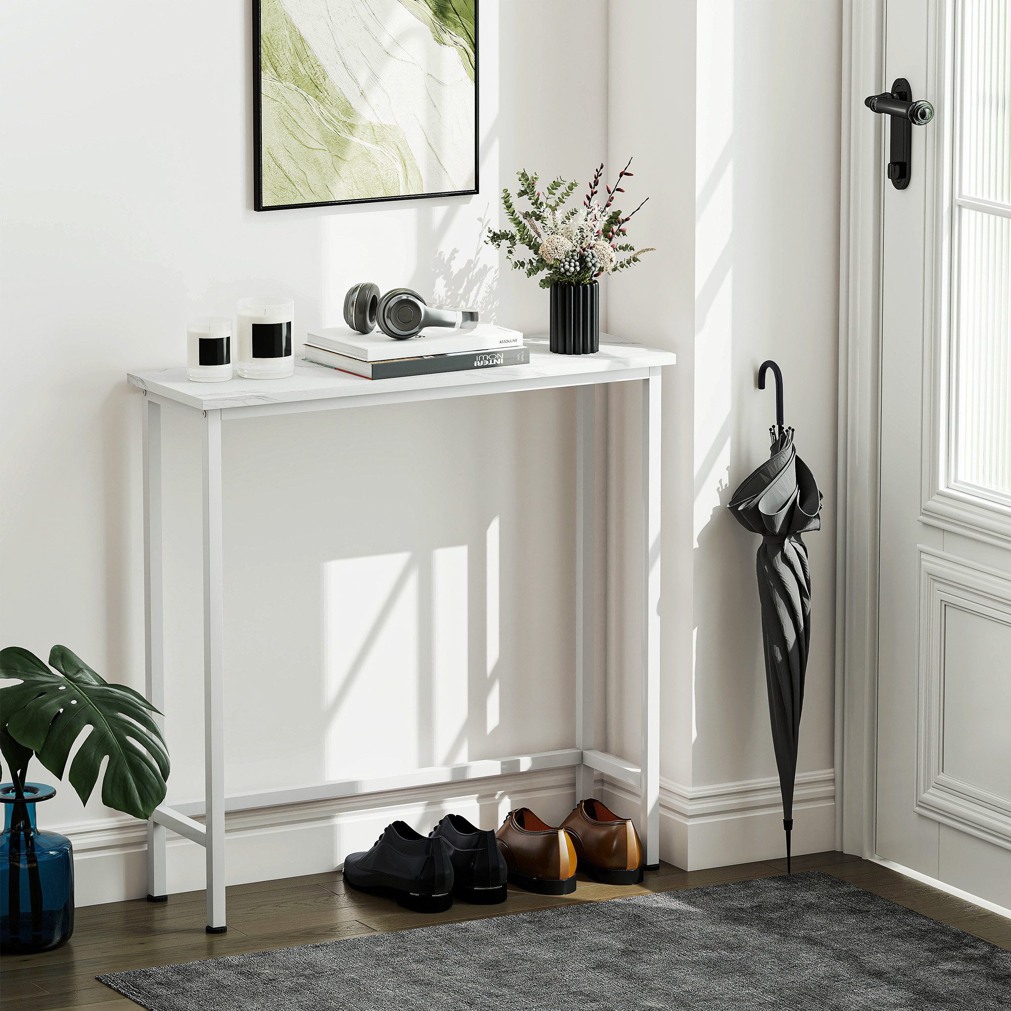 HOMCOM Konsolentisch Sofatisch Ausstellungstisch verstellbar Fußpads Kippschutz (Beistelltisch, 1-St., Flurtisch), für Kleinen Raum, Eingang, Flur, Wohnzimmer 75 x 24 x 76 cm Weiß