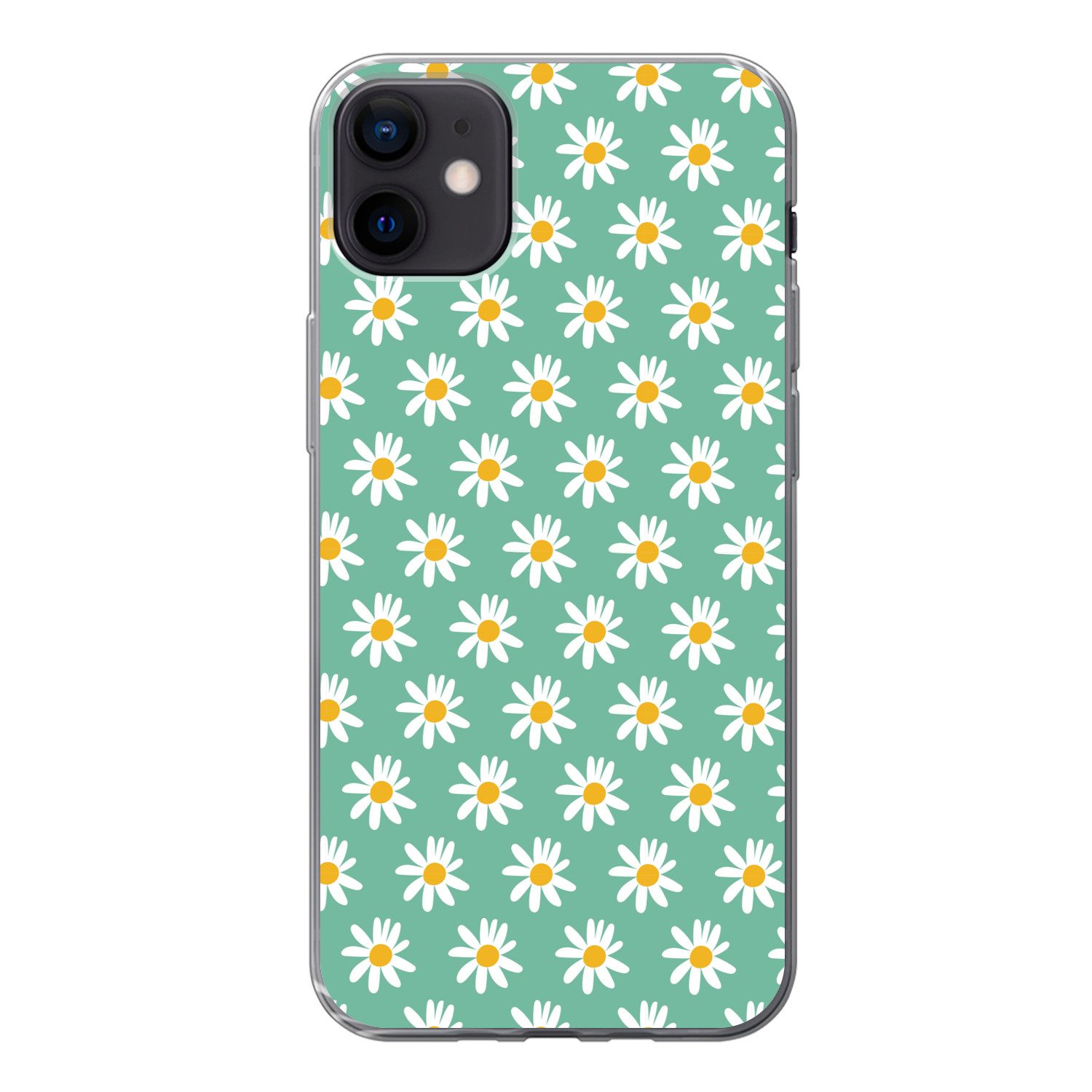 MuchoWow Handyhülle für Apple iPhone 12 mini Gänseblümchen - Muster - Grün - Blumen, Smartphone-Bumper, Print, Handy Schutzhülle Dünn