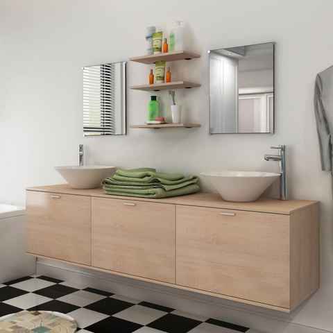 vidaXL Badezimmer-Set 10-tlg. Badmöbel-Set mit Waschbecken und Wasserhahn Beige, (1-St)