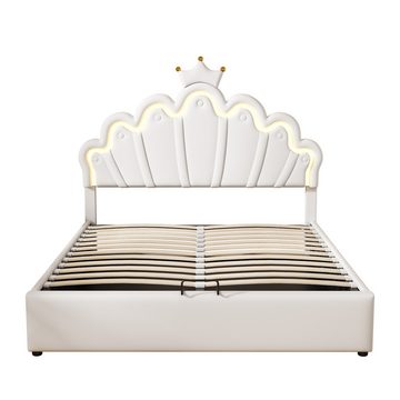NMonet Polsterbett Kinderbett Jugendbett Doppelbett (Verstellbares Kopfteil), krone-Form Prinzessinnenbett, mit LED-Beleuchtung, 140x200cm