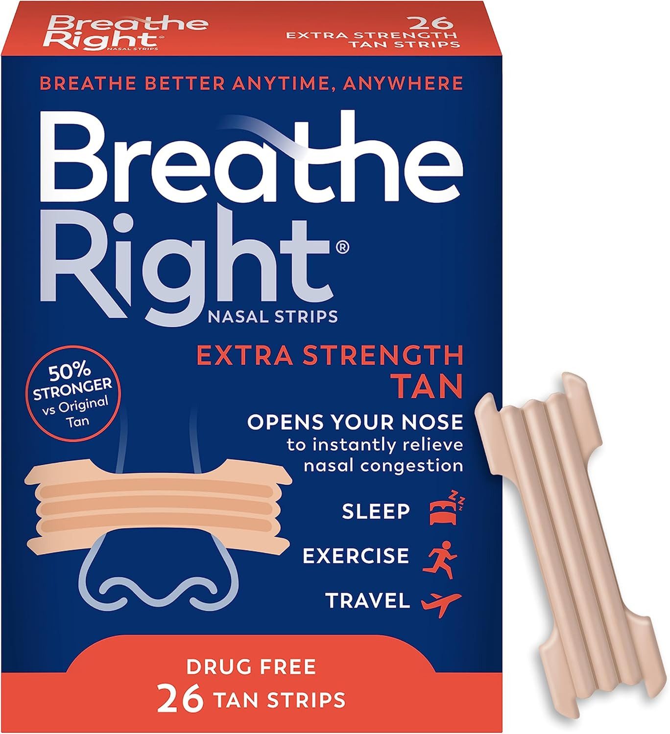 Breathe Right Nasenpflaster Breathe Right Nasal Strips, 26 oder 72 Streifen, Drug Free (26 St)