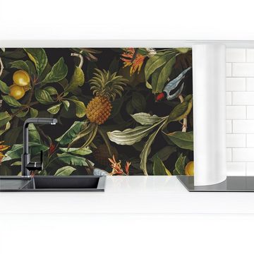 Bilderdepot24 Küchenrückwand grün dekor Botanik Tropisch Kunst Muster Tiere Vögel mit Ananas Grün, (1-tlg., Nischenrückwand - für Fliesenspiegel ohne Bohren - matt), Spritzschutz Rückwand Küche Herd - Folie selbstklebend versch. Größen