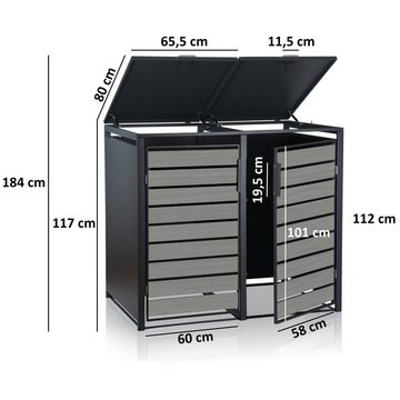 Zelsius Mülltonnenbox für 2 Mülltonnen, Anthrazit RAL 7016, Tür in hellgrauer Holzoptik