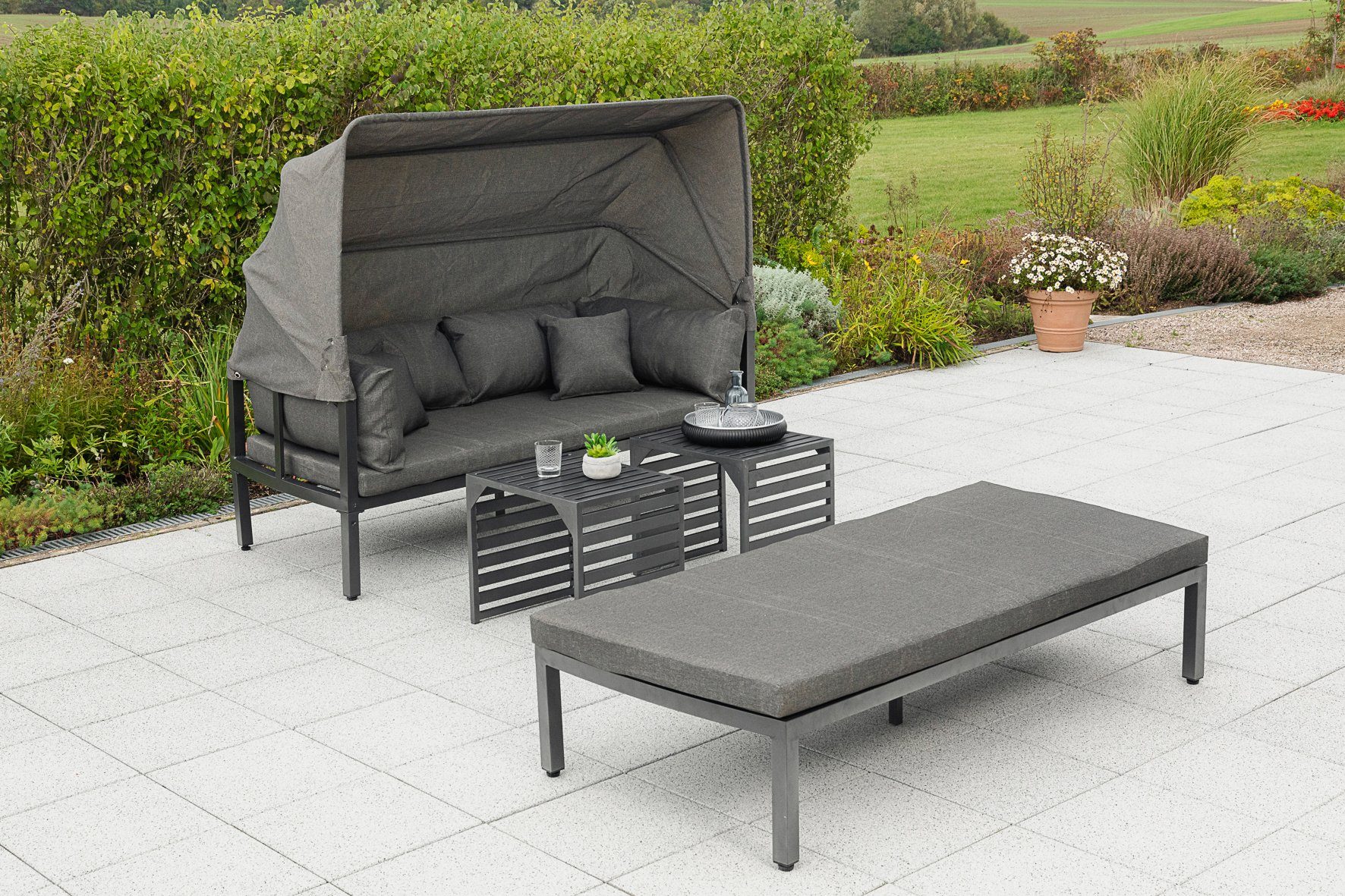 MERXX Gartenlounge-Set Argos Insel, 3er Set, aus Aluminium, mit 2 Beistelltischen, inkl. Zierkissen