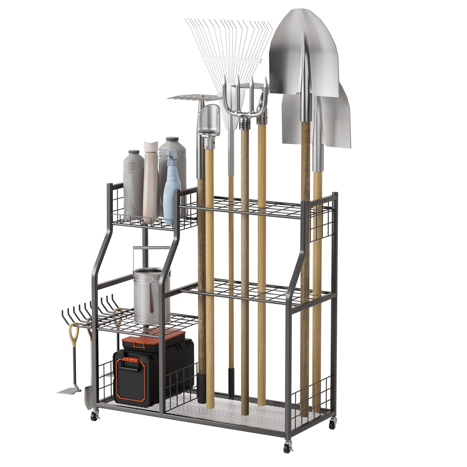 Rutaqian Gartengerätehalter Gartengerätehalter, Gartenwerkzeug Aufbewahrung Standgerät mit Rollen, (Garage Organizer mit viel Stauraum, 92 x 40 x 95 cm)