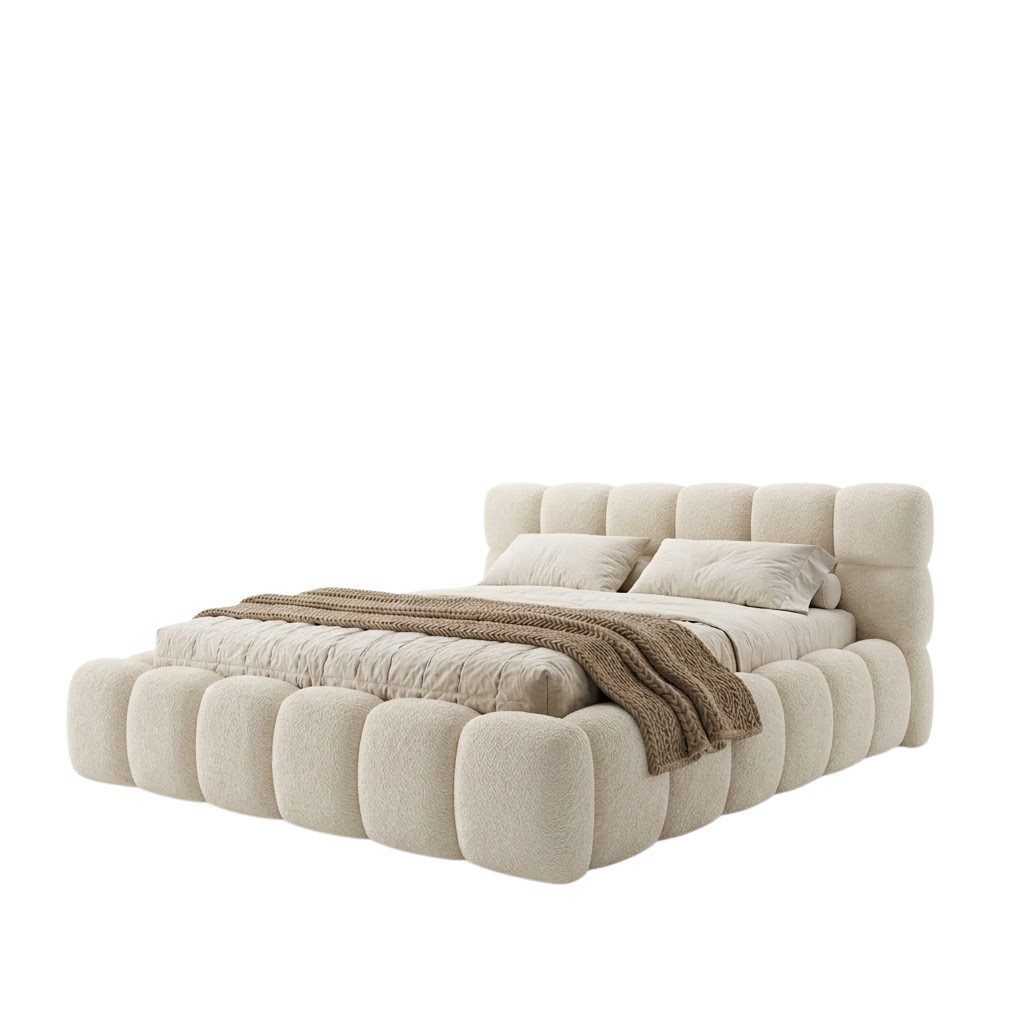 yourhouse24 Polsterbett Boston Slim Bouclé kompaktes Wolkenbett mit Bettkasten, Bubble-Optik & Japandi
