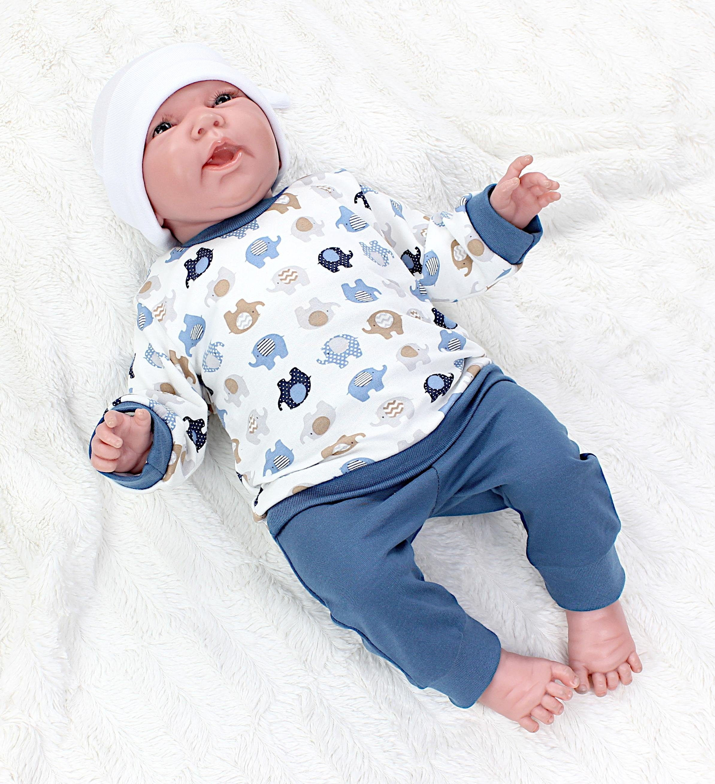 TupTam Erstausstattungspaket Baby Outfit Jeansblau mit Jungen Spruch Babyhose Langarmshirt Elefanten Babykleidung Print