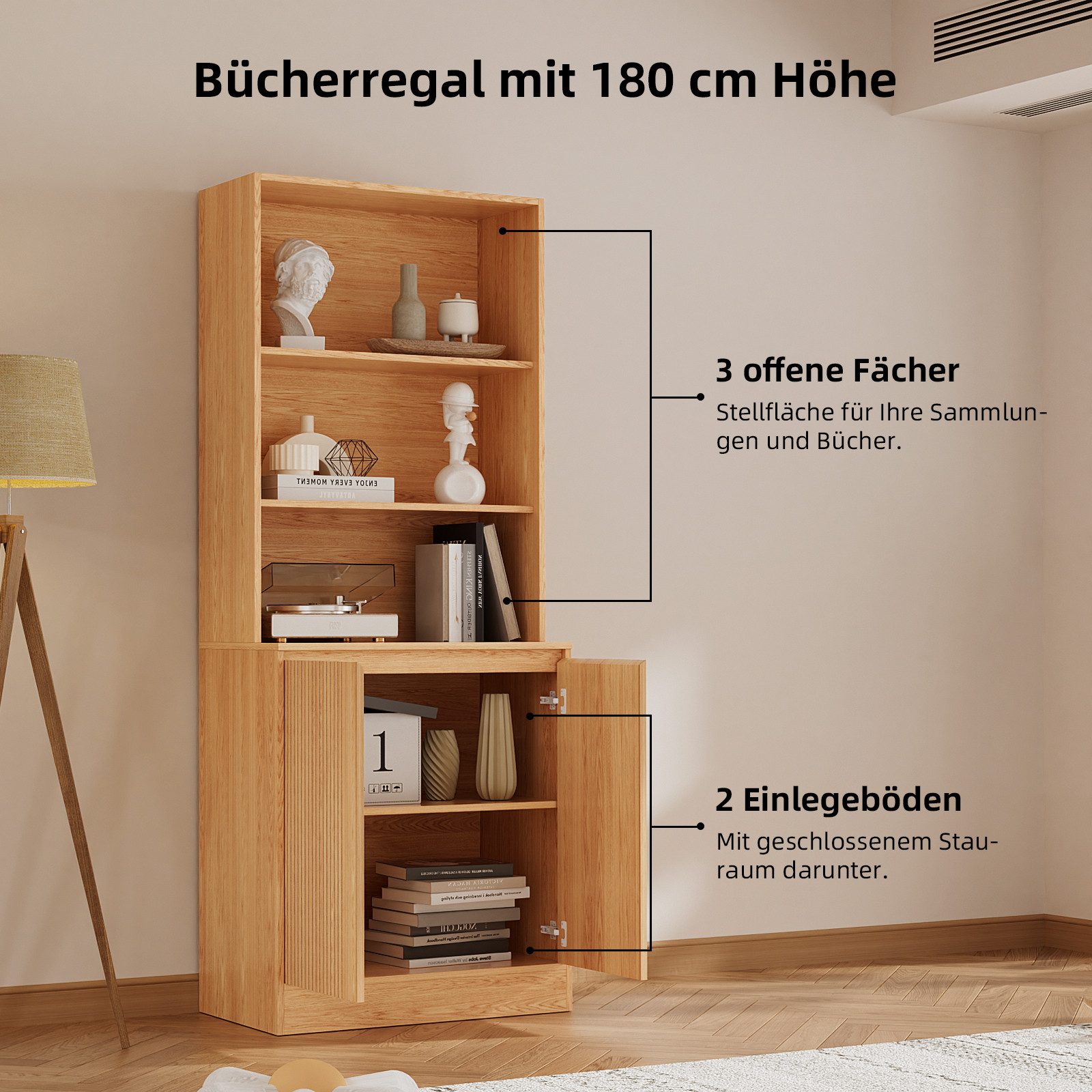 VOWNER Bücherregal 5-stöckig mit 2 Holztüren, 180 cm hoher Standregal mit offenen Fächern, 2-tlg., Mehrzweckschrank, Wohnzimmerschrank, Küchenregal, Sideboard – Bild 5 von 5
