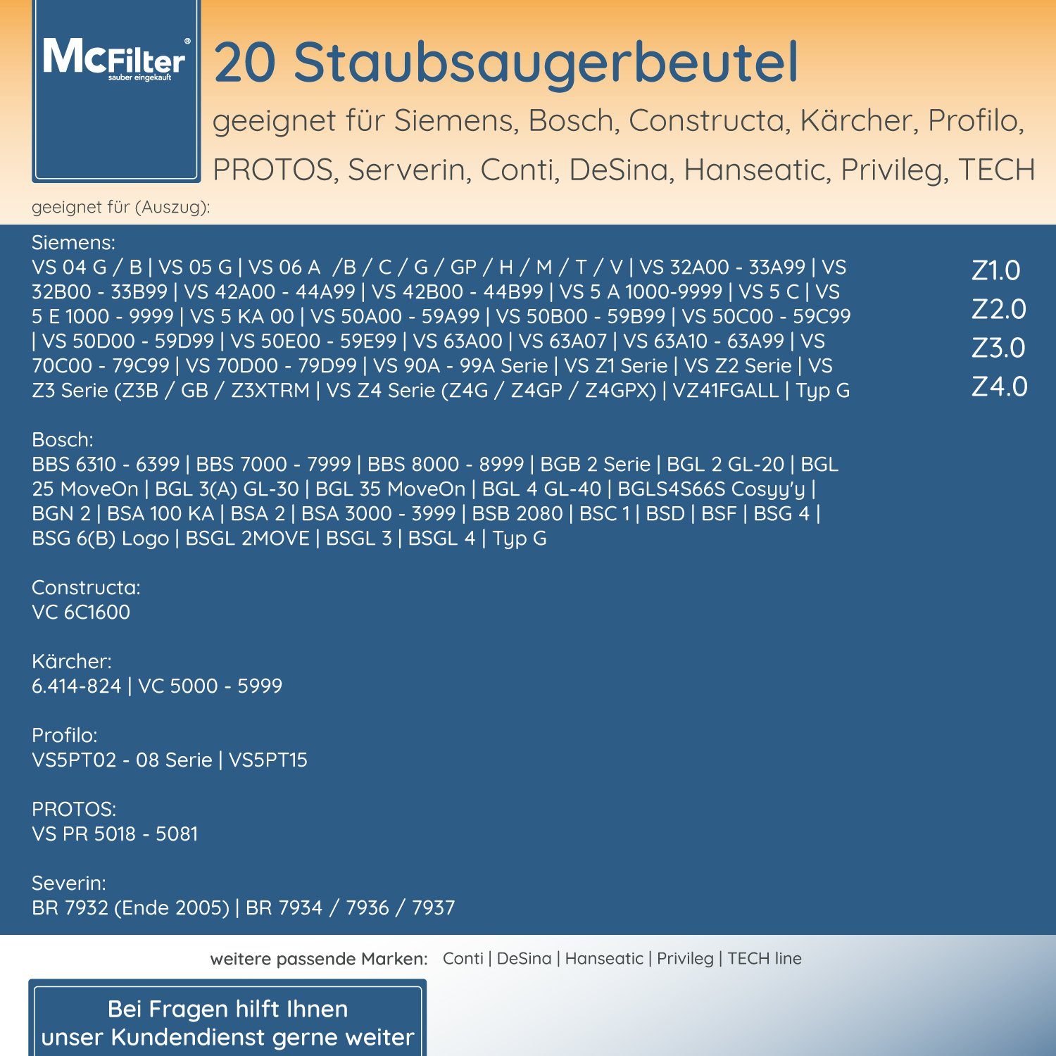 VS Staubsaugerbeutel McFilter synchropower 5-lagiger Staubsauger Staubbeutel passend 20 VZ41FGALL, VS06G2410 mit Filter (Serie St., 06), passend (20 Stück) Siemens Siemens für Hygieneverschluss, zu inkl.