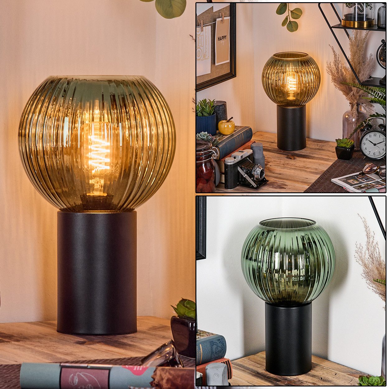 hofstein Tischleuchte Tischlampe aus Metall/Riffelglas in Schwarz/Grün, ohne Leuchtmittel, Leuchte im Retro/Vintage-Design mit Glasschirm (20 cm), E27
