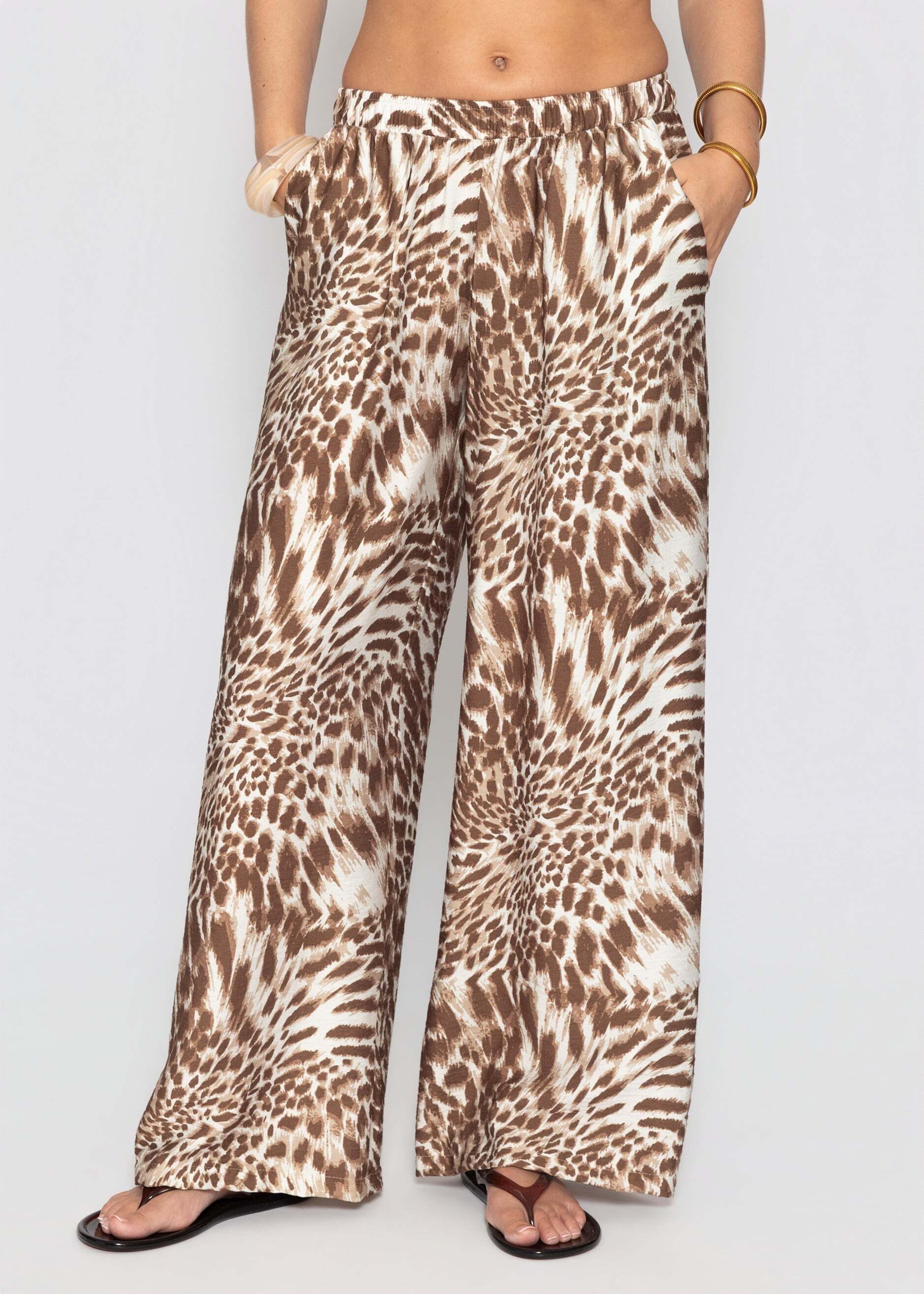 SASSYCLASSY Stoffhose Hose mit Animal-Print für Damen Lockere Viskosehose mit elastischem Bund und Taschen Braun