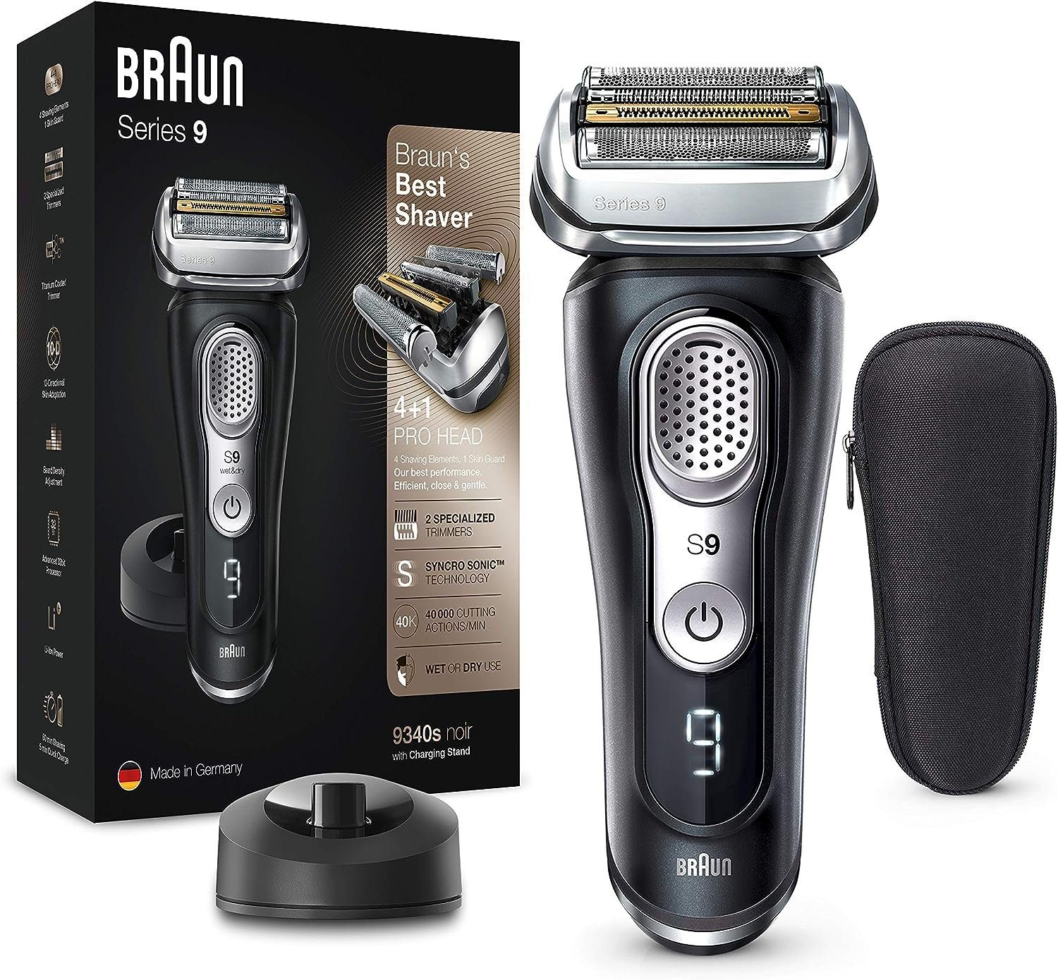 Braun Elektrorasierer 9340s, Wet & Dry, Aufsätze: 1, Trimmer für Präzision, 4+1 Scherkopf, Rasierer, Ladestation, Li-Ionen-Akku 60 min