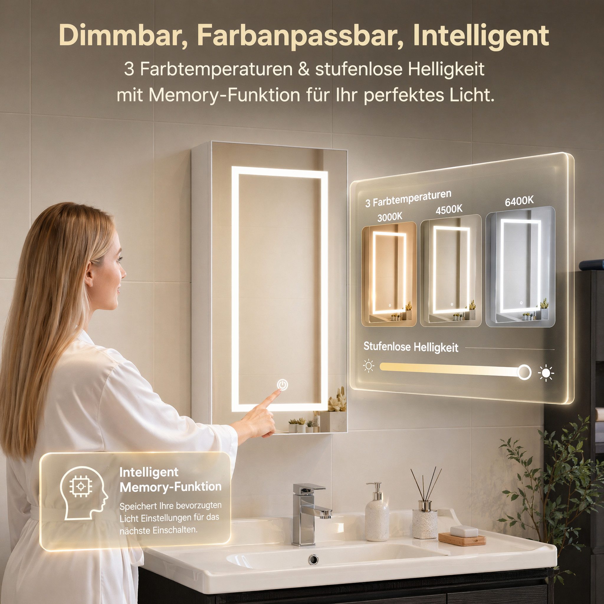 Simurq Badezimmerspiegelschrank Spiegelschrank Bad Mit LED Beleuchtung Und Ablage, Hängeschrank (Set, Badspiegel mit verstellbaren Regalen) 3 Farbtemperatur Dimmbare, Verstellbarem Regal, Wandschrank