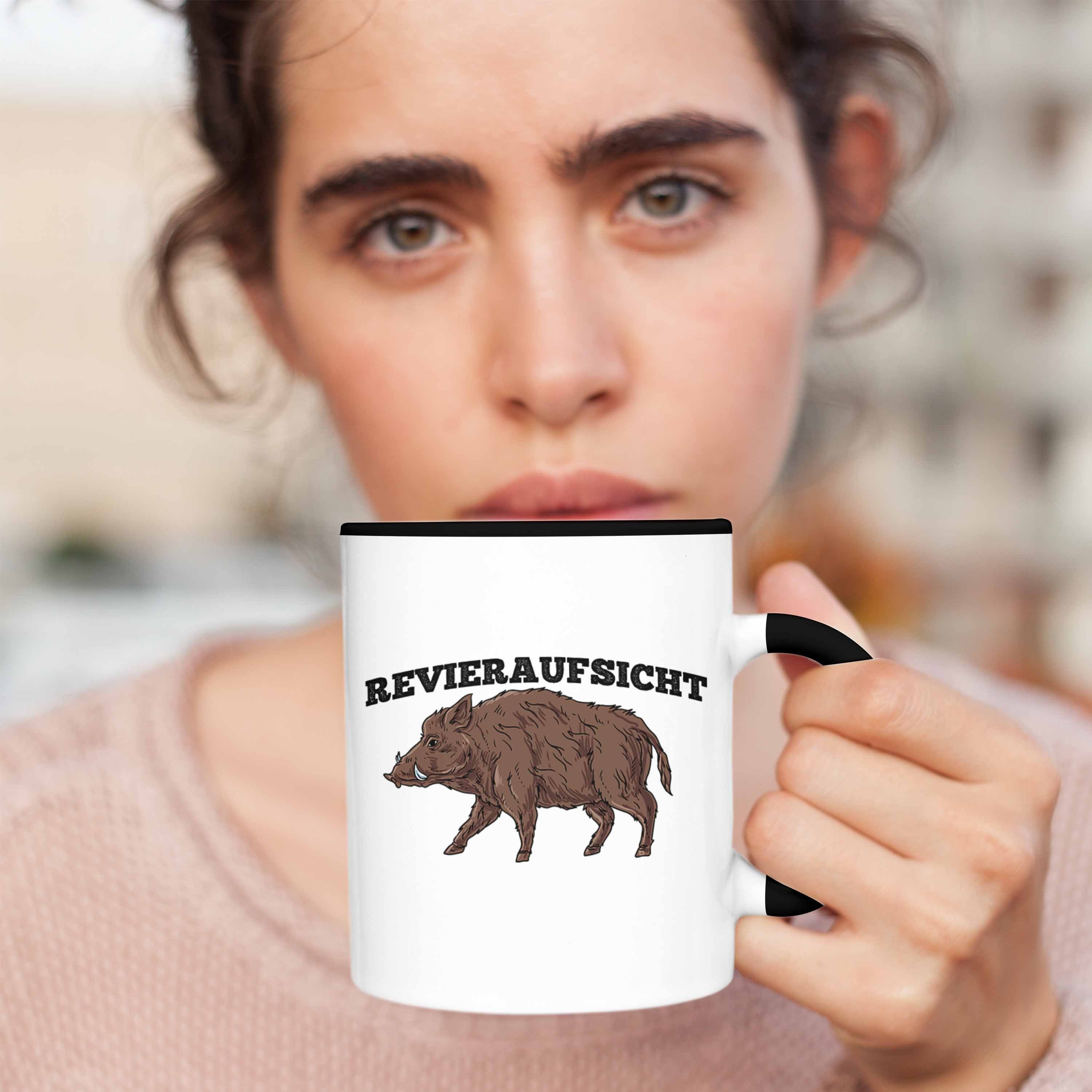 Trendation Tasse Lustige Tasse Schwarz J Geschenk Wildschwein für Jäger "Revieraufsicht" Grafik