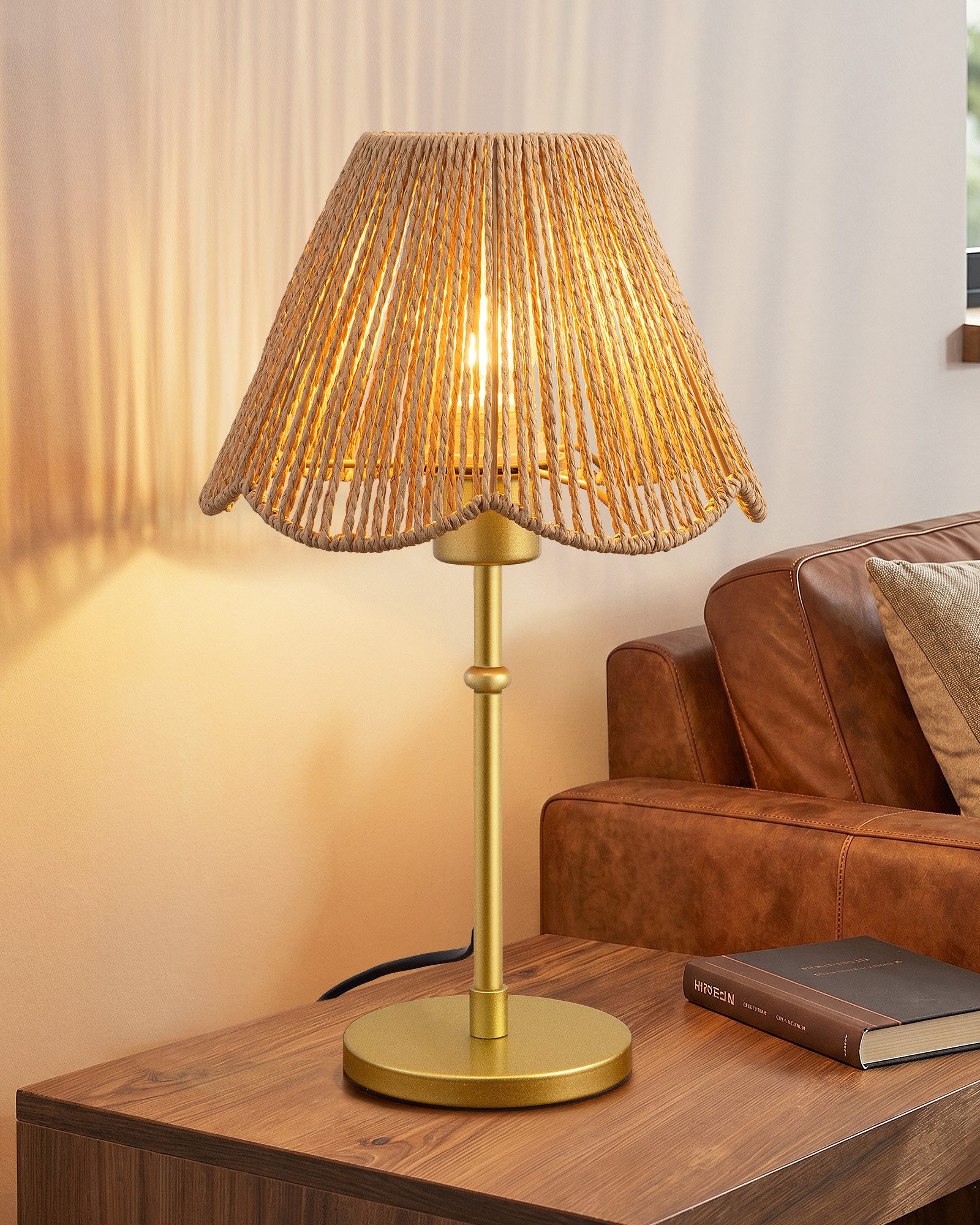 EDISHINE Nachttischlampe EDISHINE Nachttischlampe mit handgeflochtenem Papierseil-Schirm, LED wechselbar, Warmweiß, Gold Inklusive 4W LED mit 2700K Warmweiß