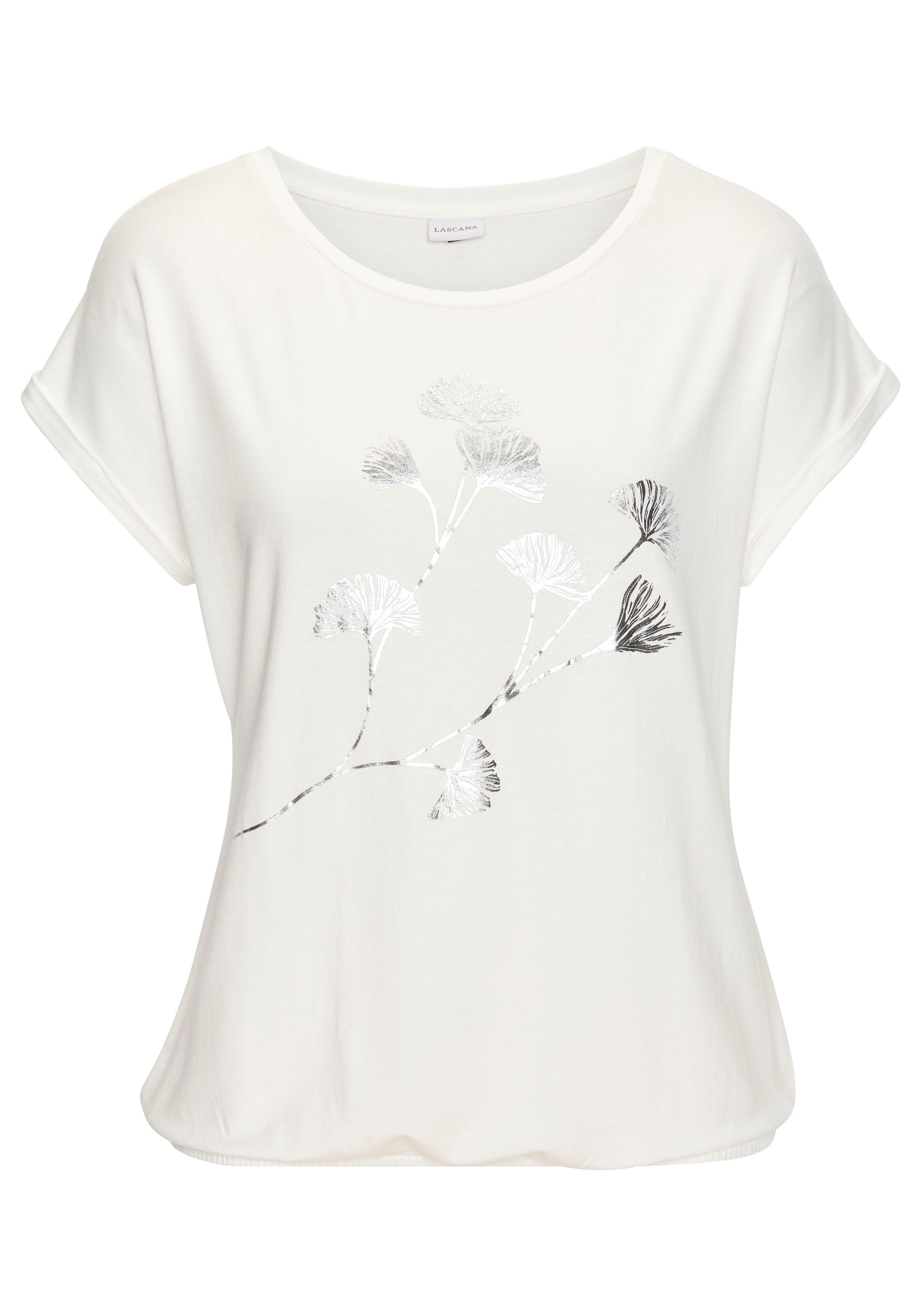 LASCANA Kurzarmshirt mit schimmerndem Blumenprint aus elastischer Viskose-Qualität. € 24,99, (€ 24,99 pro 1 Stk).