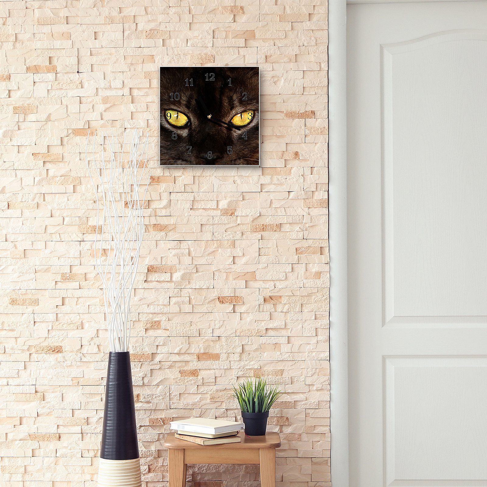 Hypnotische Primedeco Glasuhr Motiv mit Wanduhr 30 Wanduhr Wandkunst Katzenaugen cm Größe 30 x