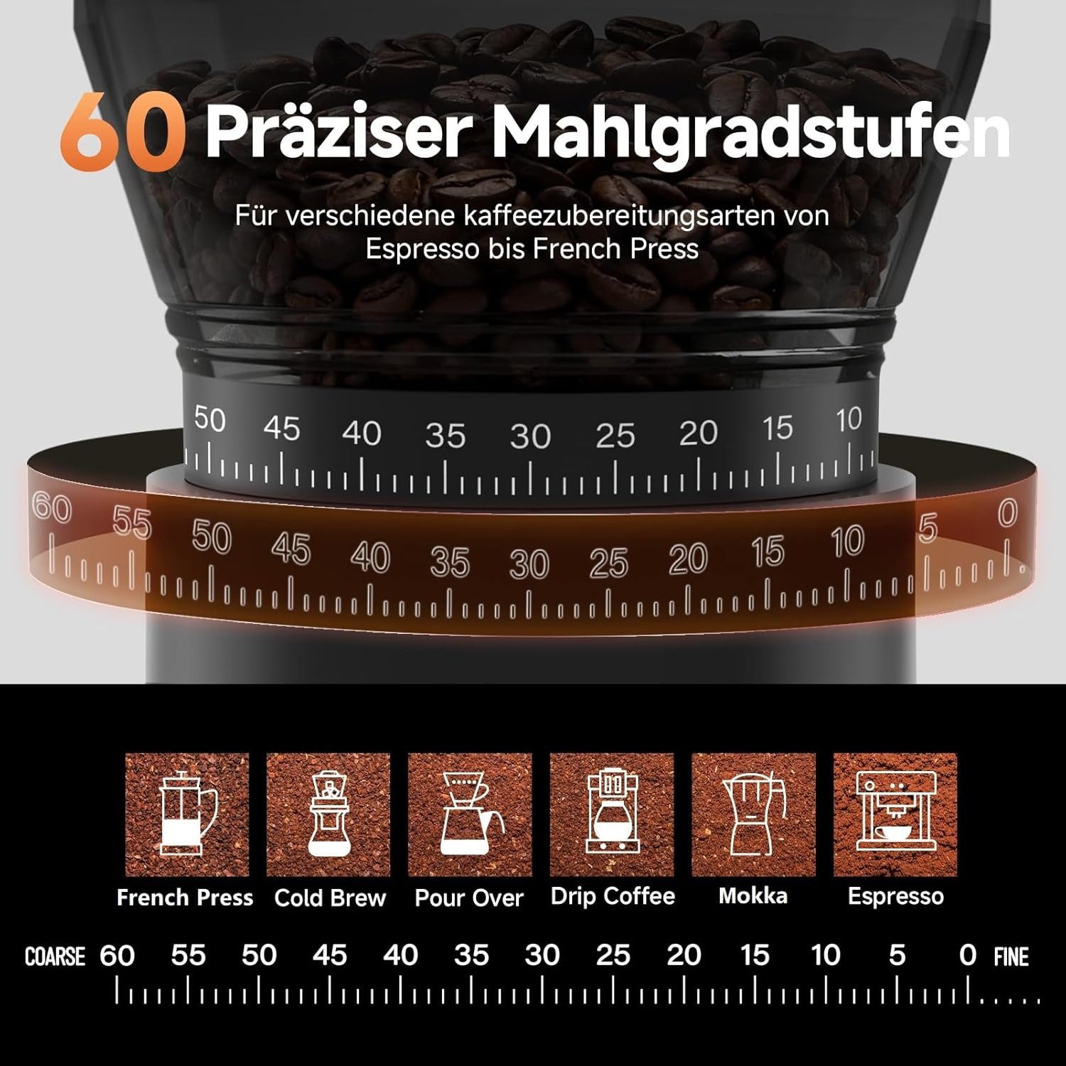 AMZCHEF Kaffeemühle CE-HB-68OT6-BK, kabellose Kaffeemühle Elektrisch, 60 Mahlgrade