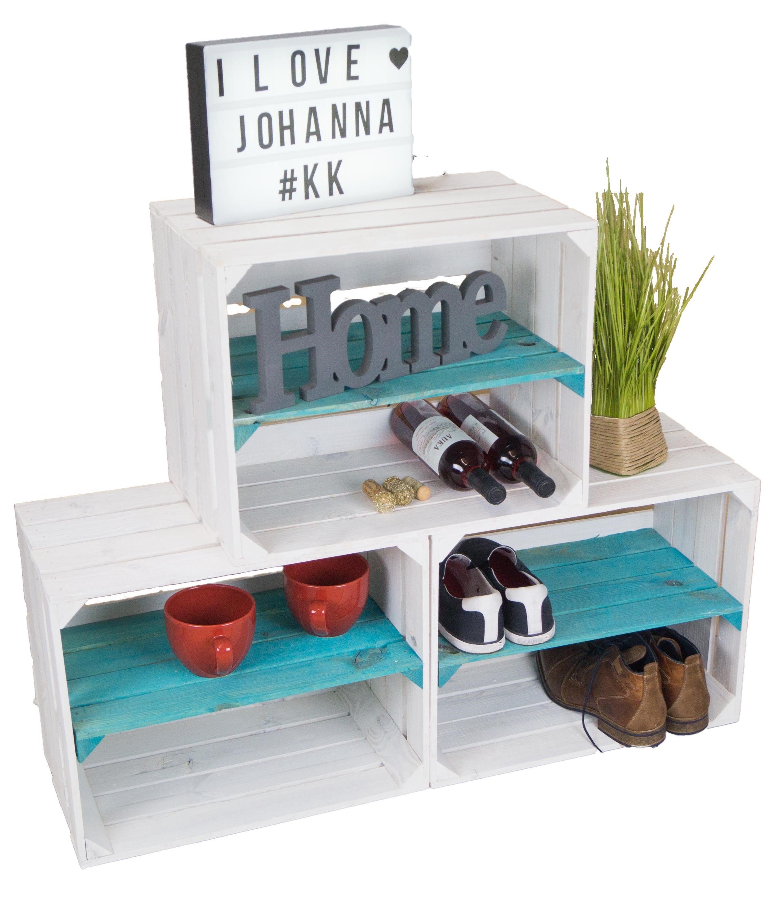 Allzweckkiste 3 StückRegalkiste Johanna weiß türkis Schuhregal Weinkiste Holzkiste