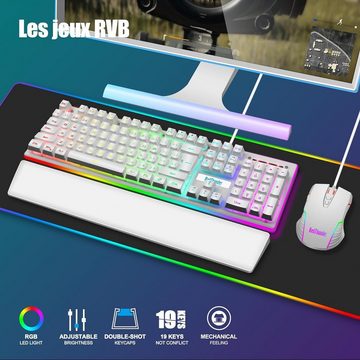 RedThunder K10 Gaming französisches AZERTY + Handballenauflage, antiGhosting Tastatur- und Maus-Set, mit RGBHintergrundbeleuchtung und 7200DPI mit ergonomischer GamingMaus