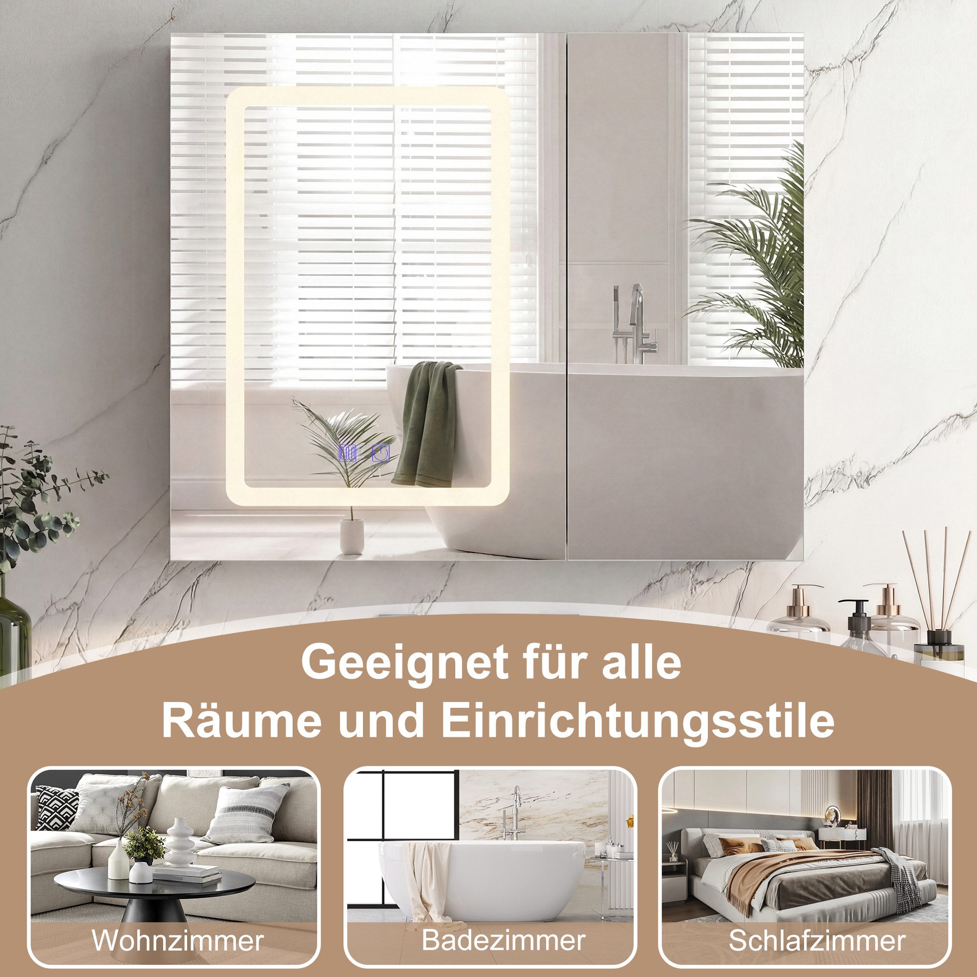 Furnishings Home Badezimmerspiegelschrank Spiegelschrank Doppeltür Hängeschrank mit Stauraum (1-St., Einstellung der warmen und kalten Farbtemperatur 3000/4500/ – Bild 2 von 5